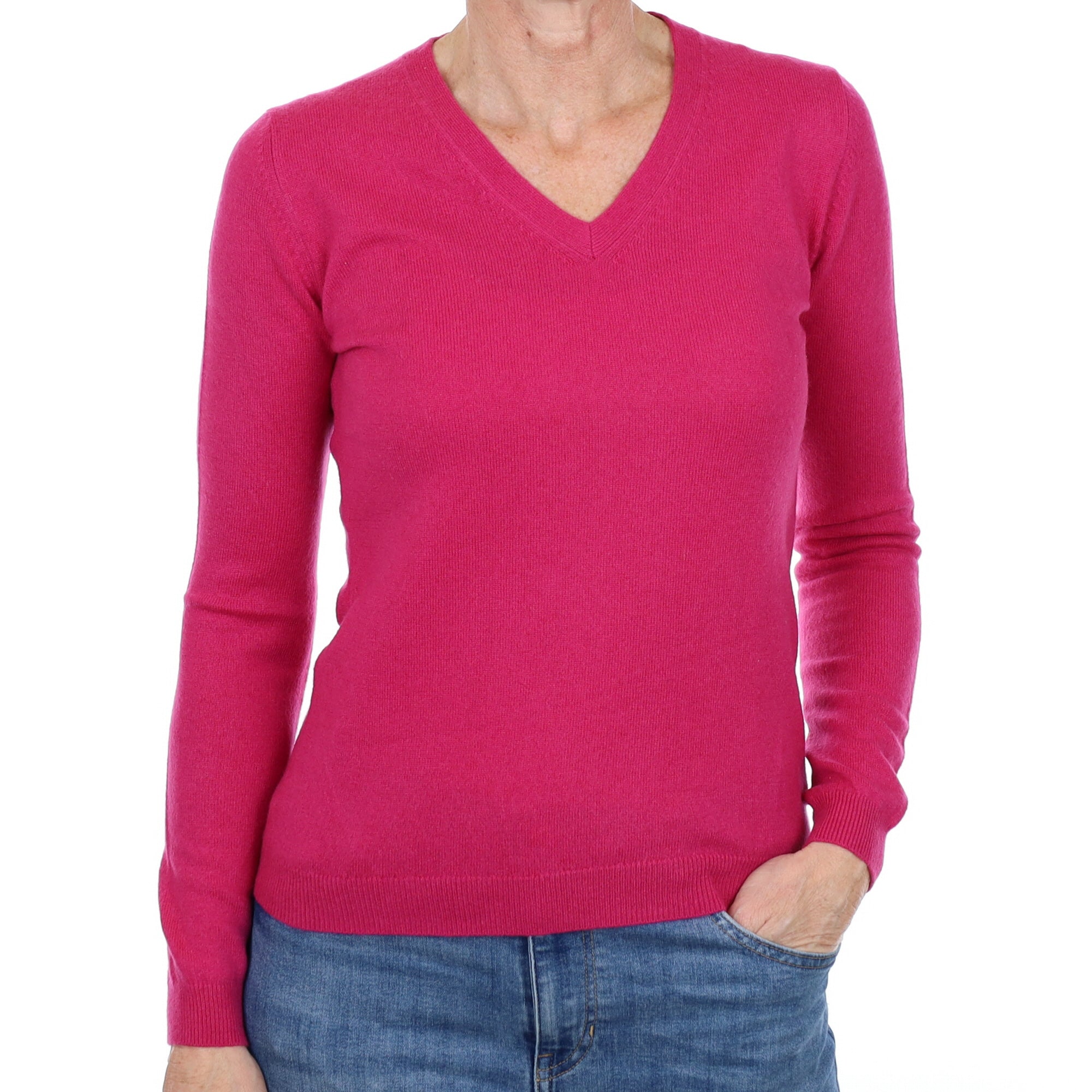 Fuchsia Pink Cashmere V Neck Jumper Small