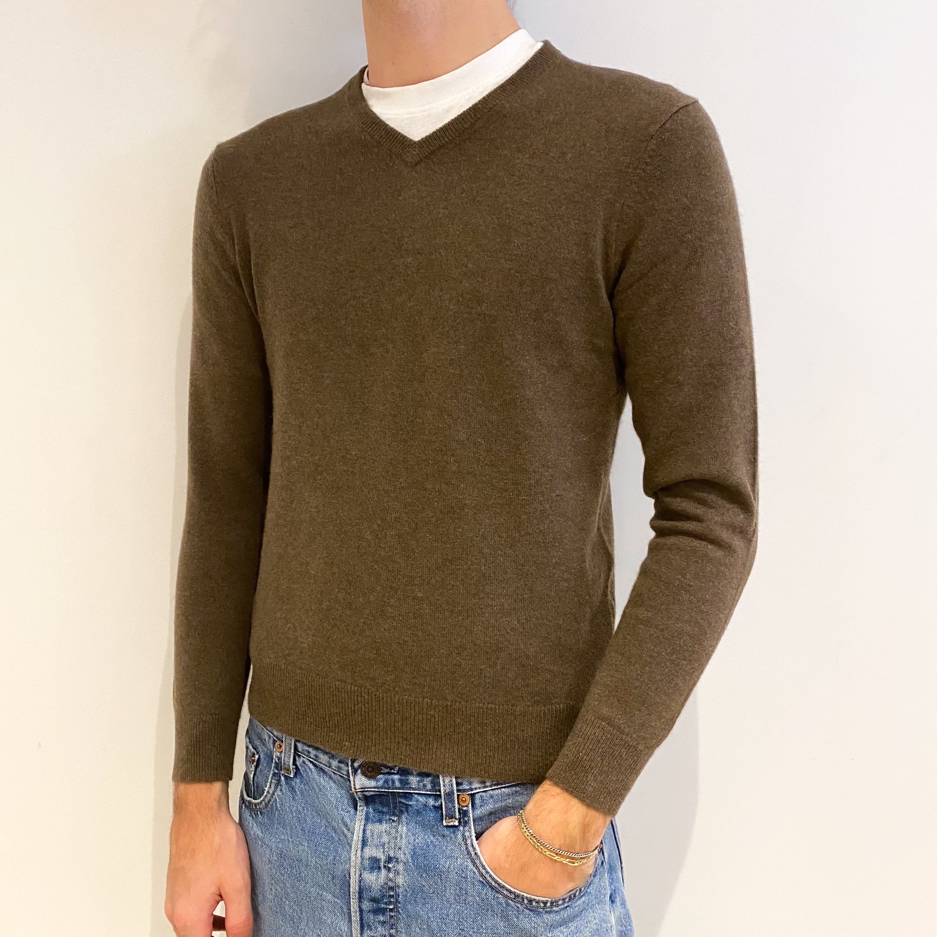 Men's Pecan Brown Cashmere V Neck Jumper Medium