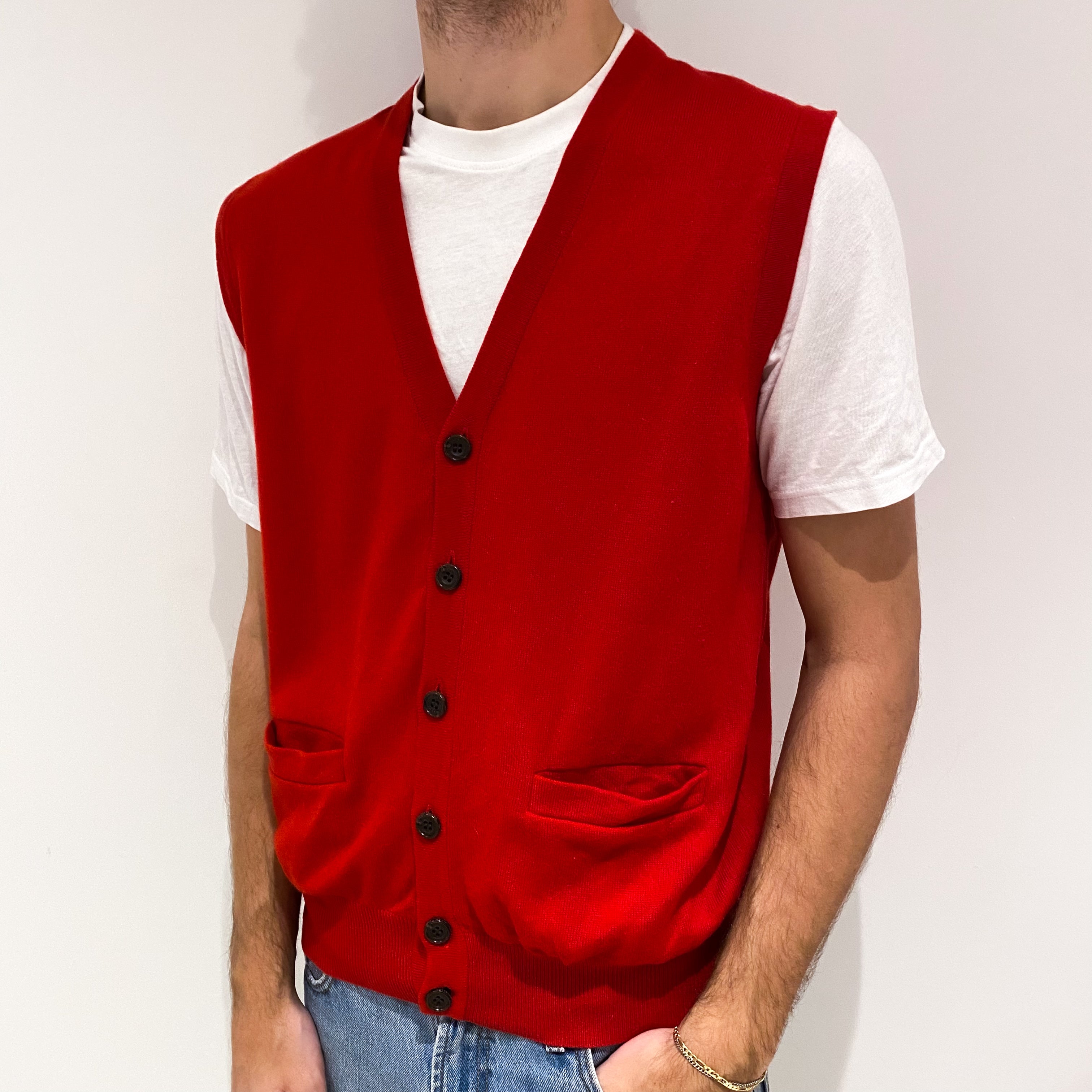 Men's Scarlet Red Cashmere V-Neck Gilet with Pockets Large