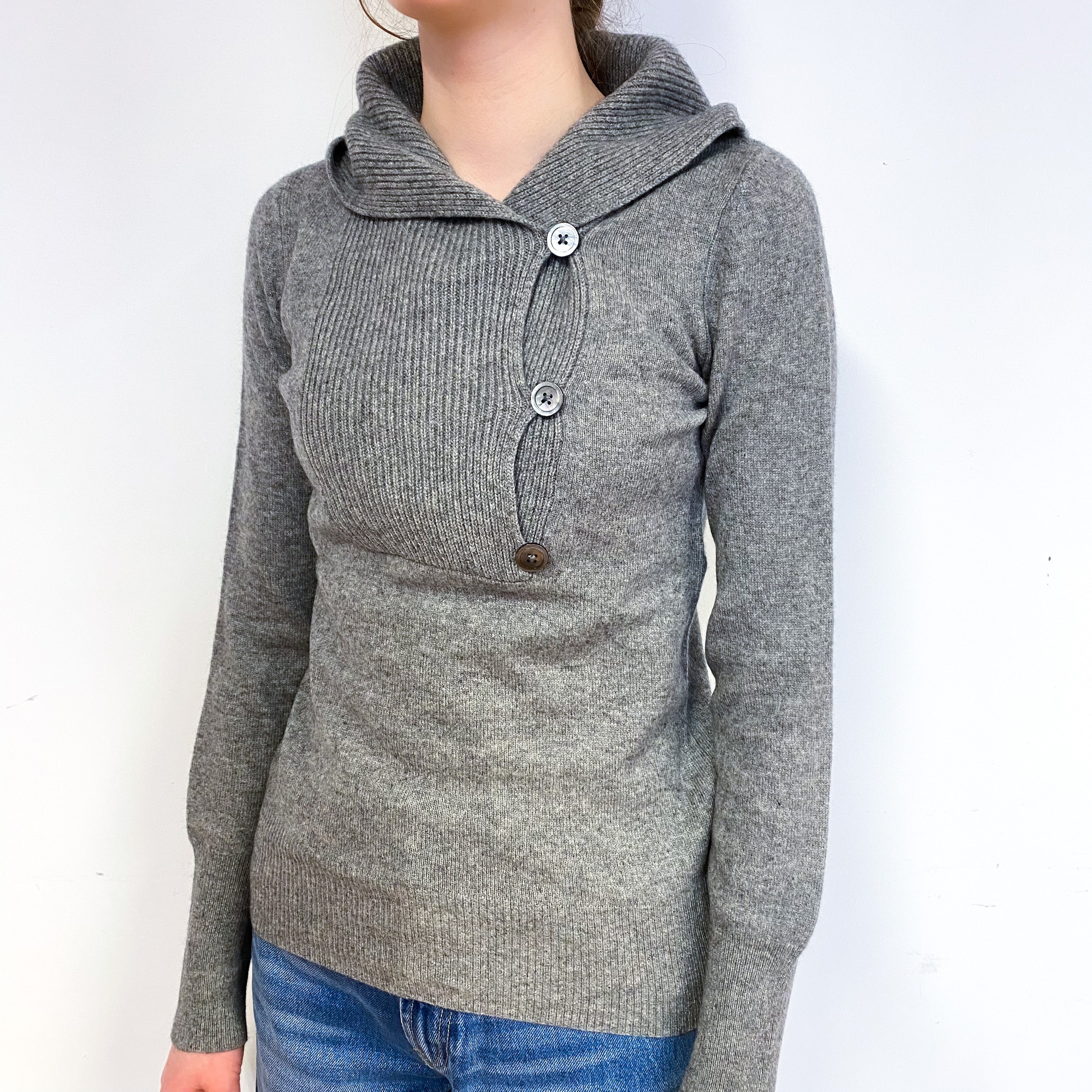 Steel Grey Cashmere Button Neck Hoodie Jumper Extra Small