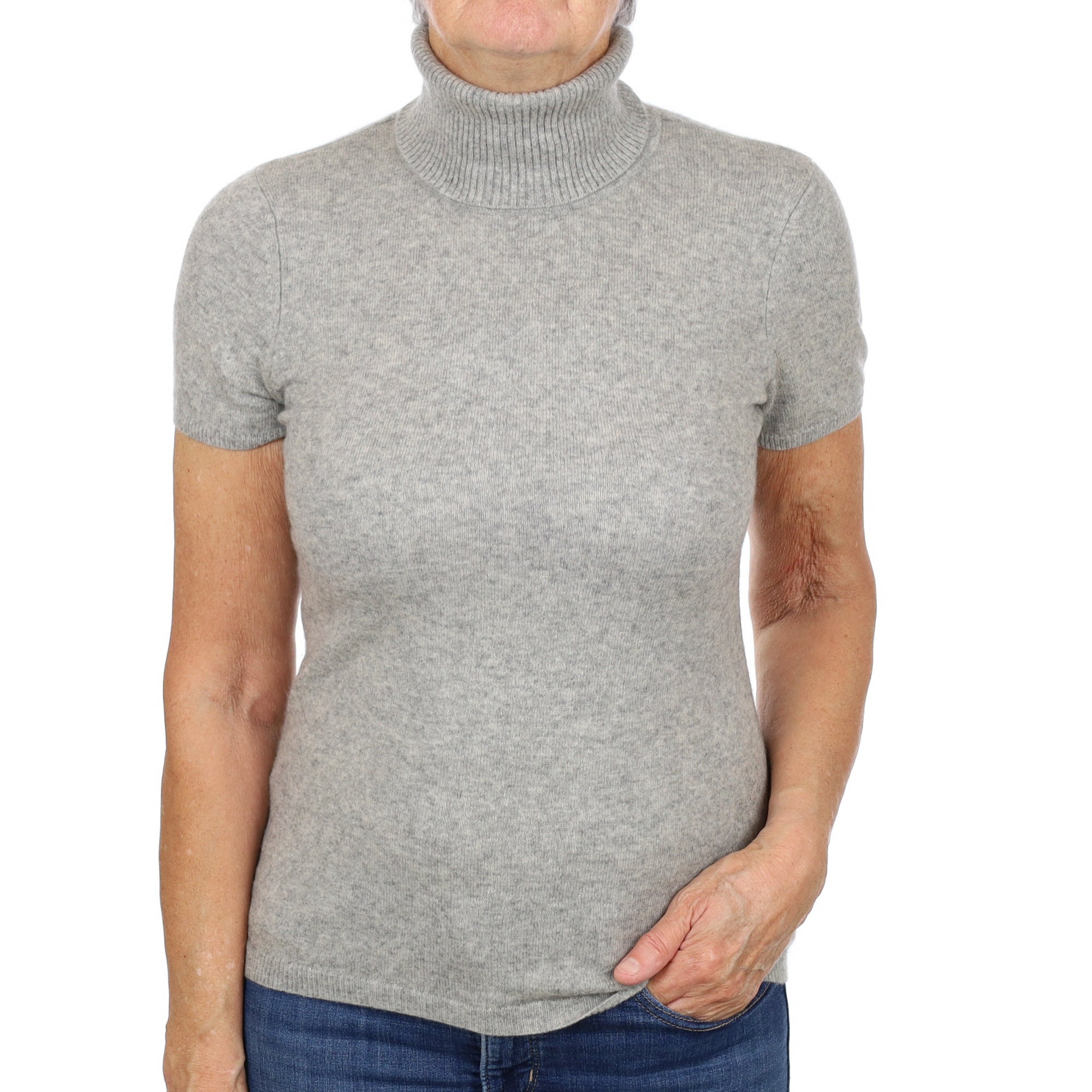 Smoke Grey Cashmere Polo Neck Short Sleeved Jumper Medium