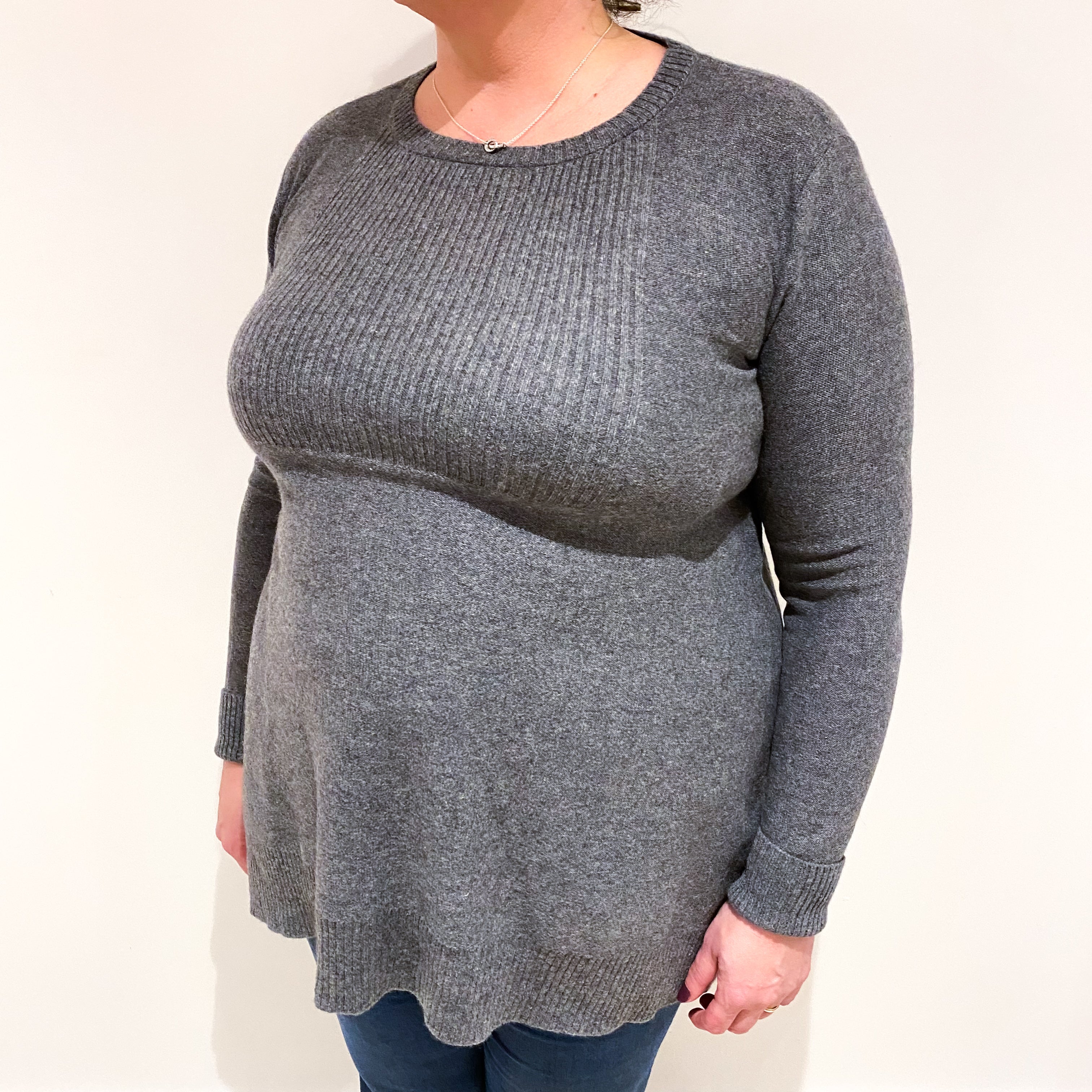 Slate Grey Rib Panel Cashmere Crew Neck Jumper Extra Large