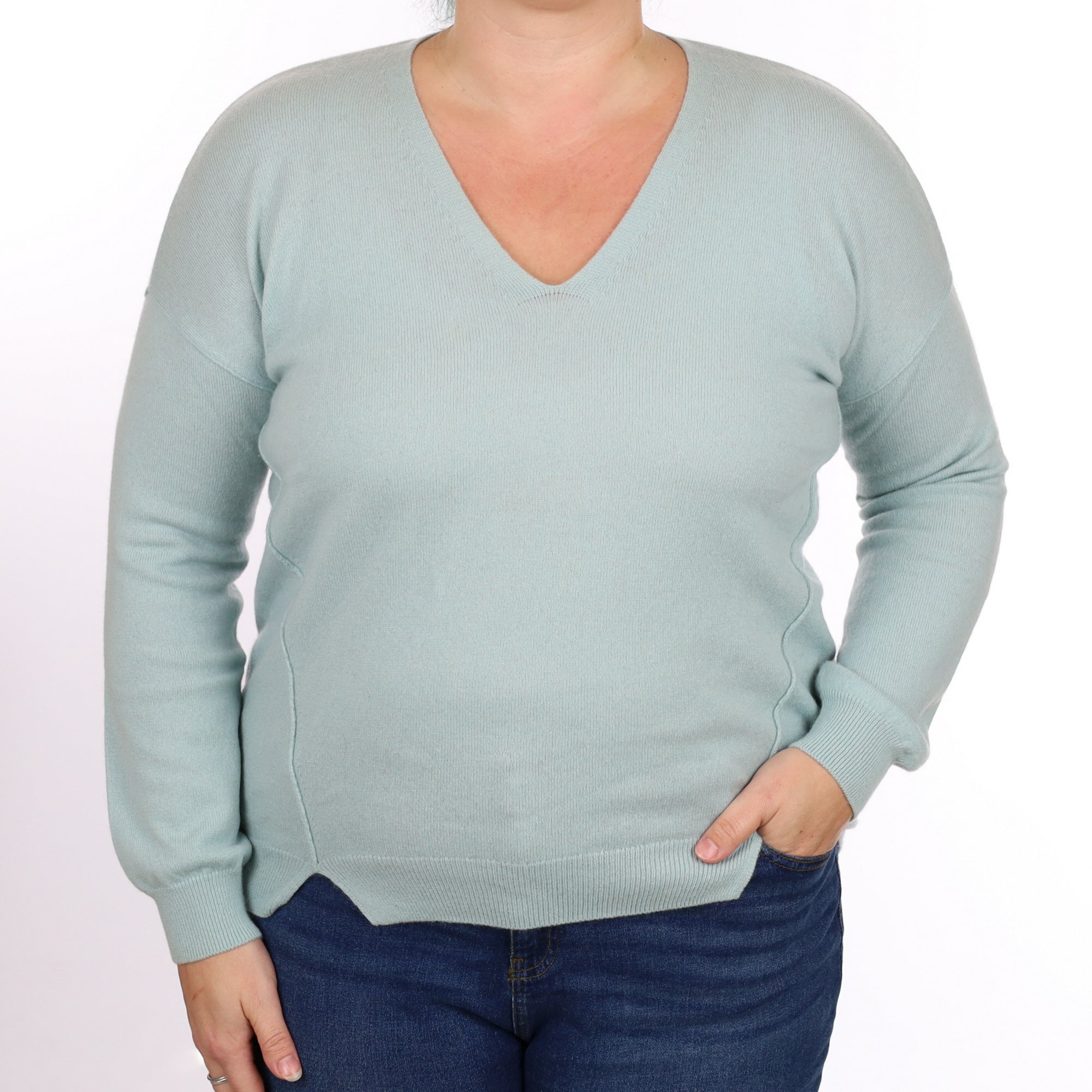 Dusky Mint Cashmere V Neck Jumper Large