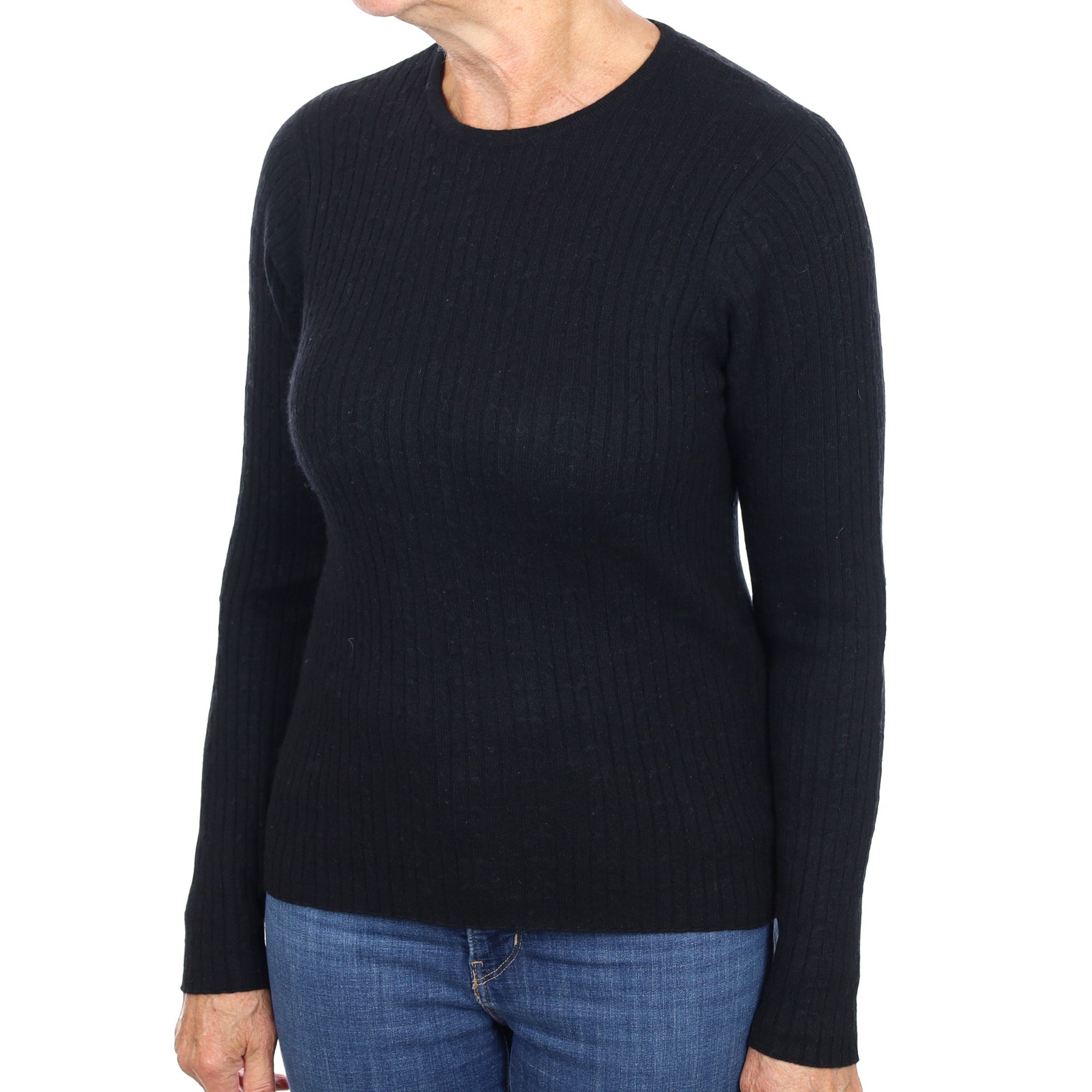 Black Cashmere Crew Neck Cable Knit Jumper Medium