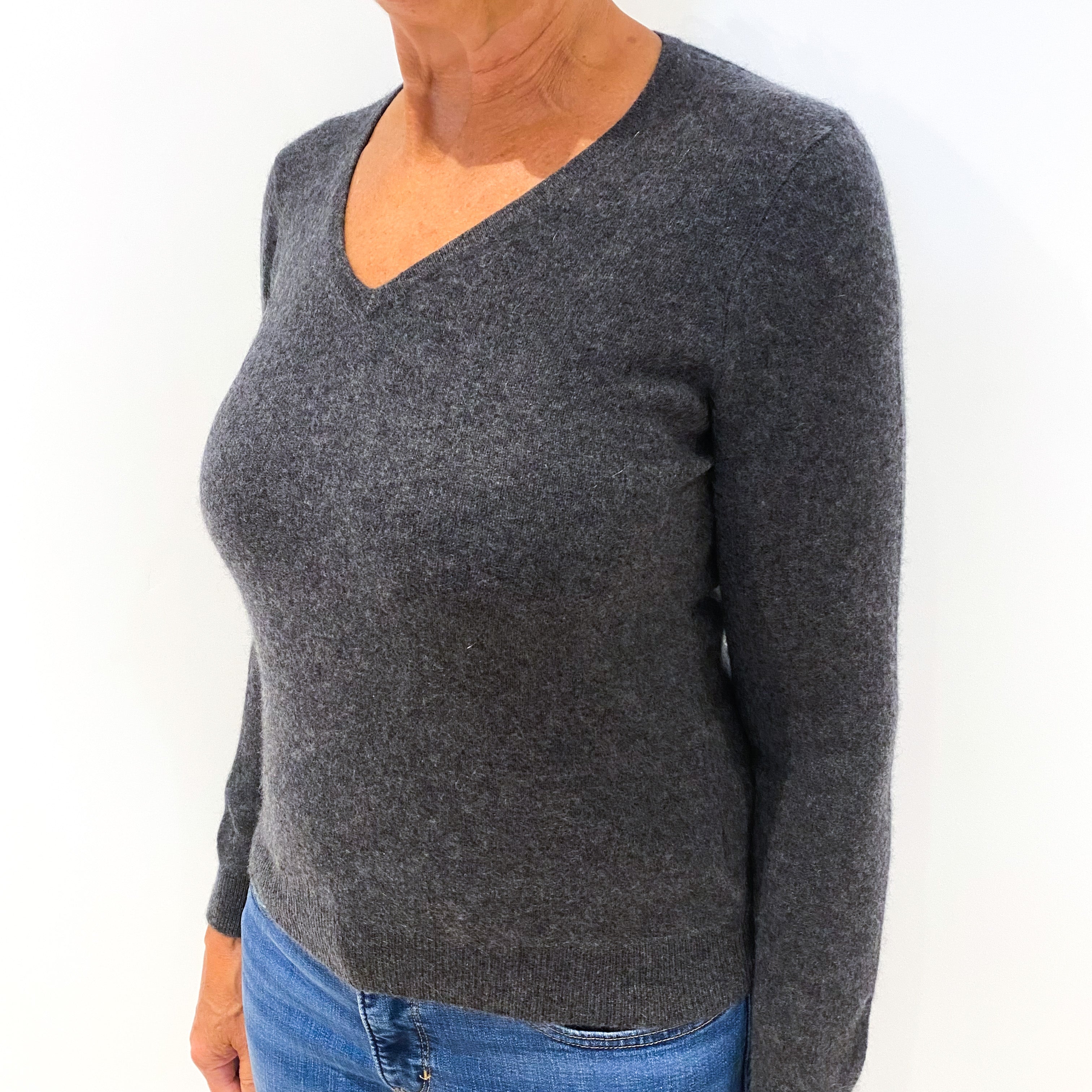 Charcoal Grey Cashmere V-Neck Jumper Medium