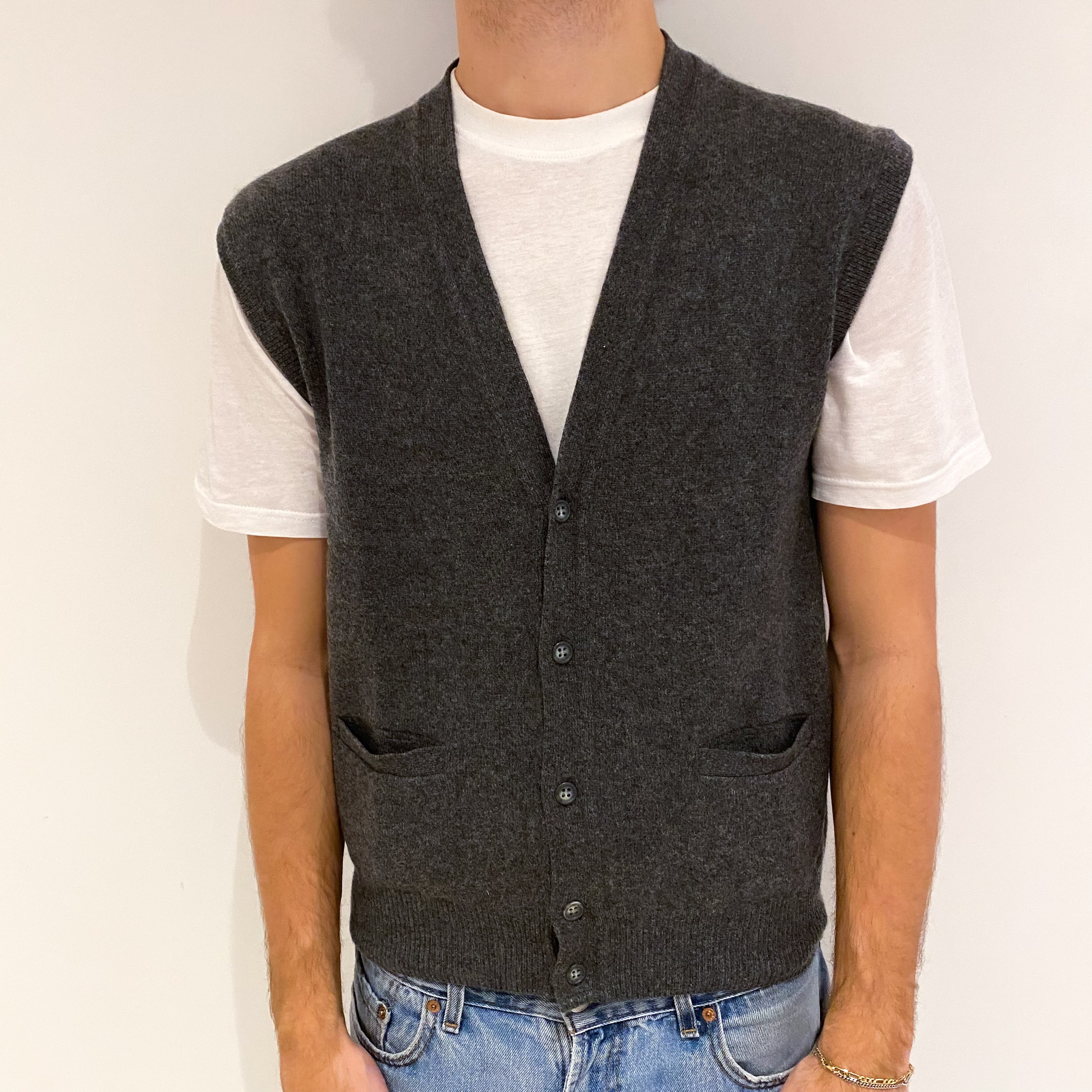 Men's Slate Grey Cashmere V Neck Gilet Large