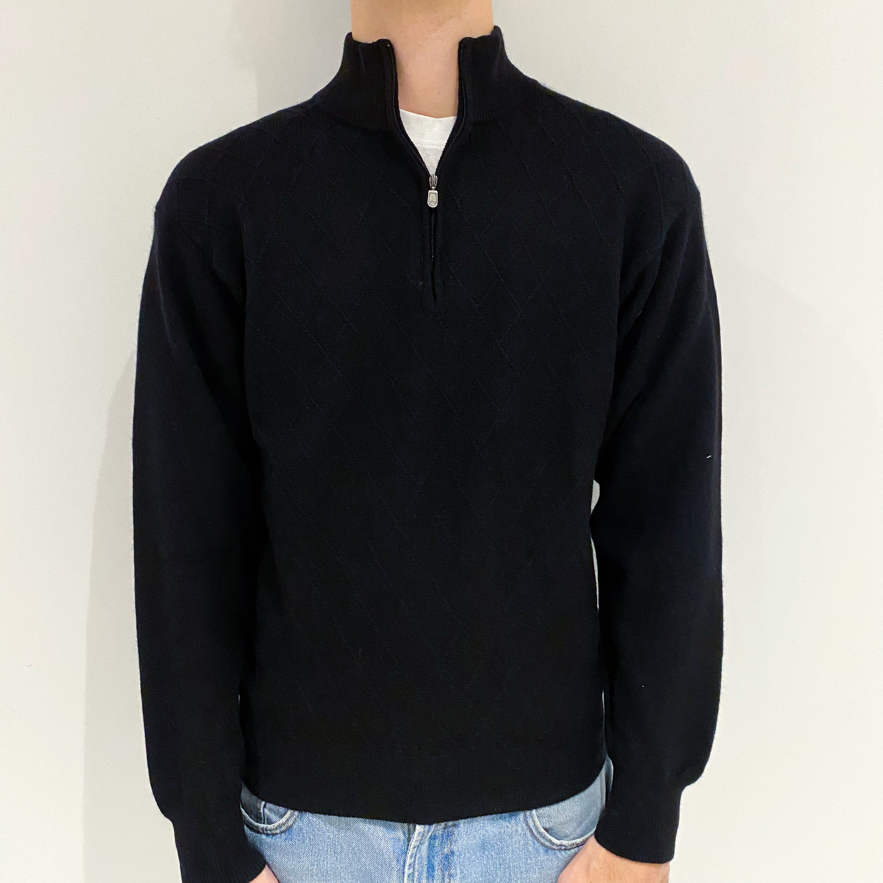 Men's Black Diamond Textured Cashmere 1/4 Zip Jumper Large