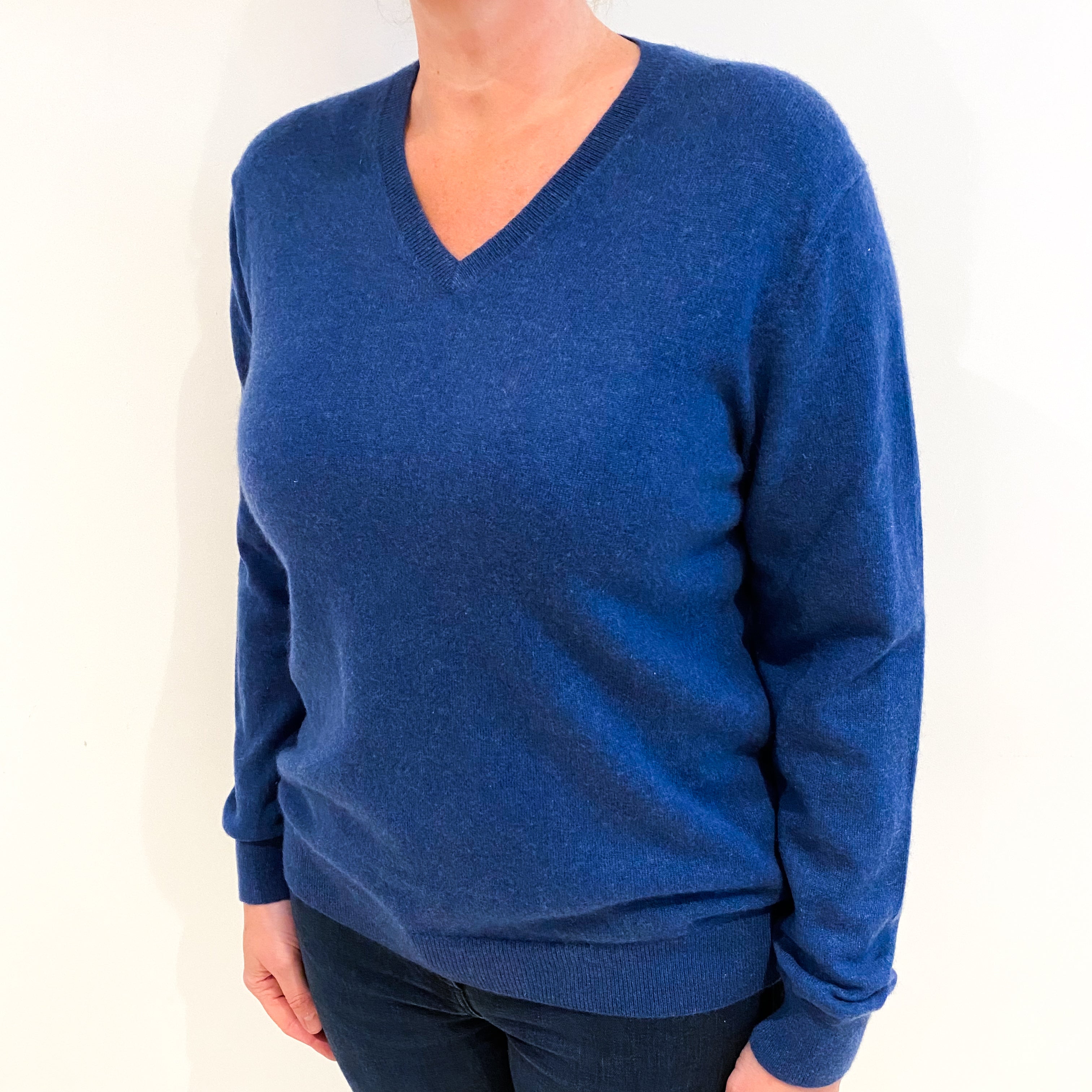 Naval Blue Cashmere V Neck Jumper Large
