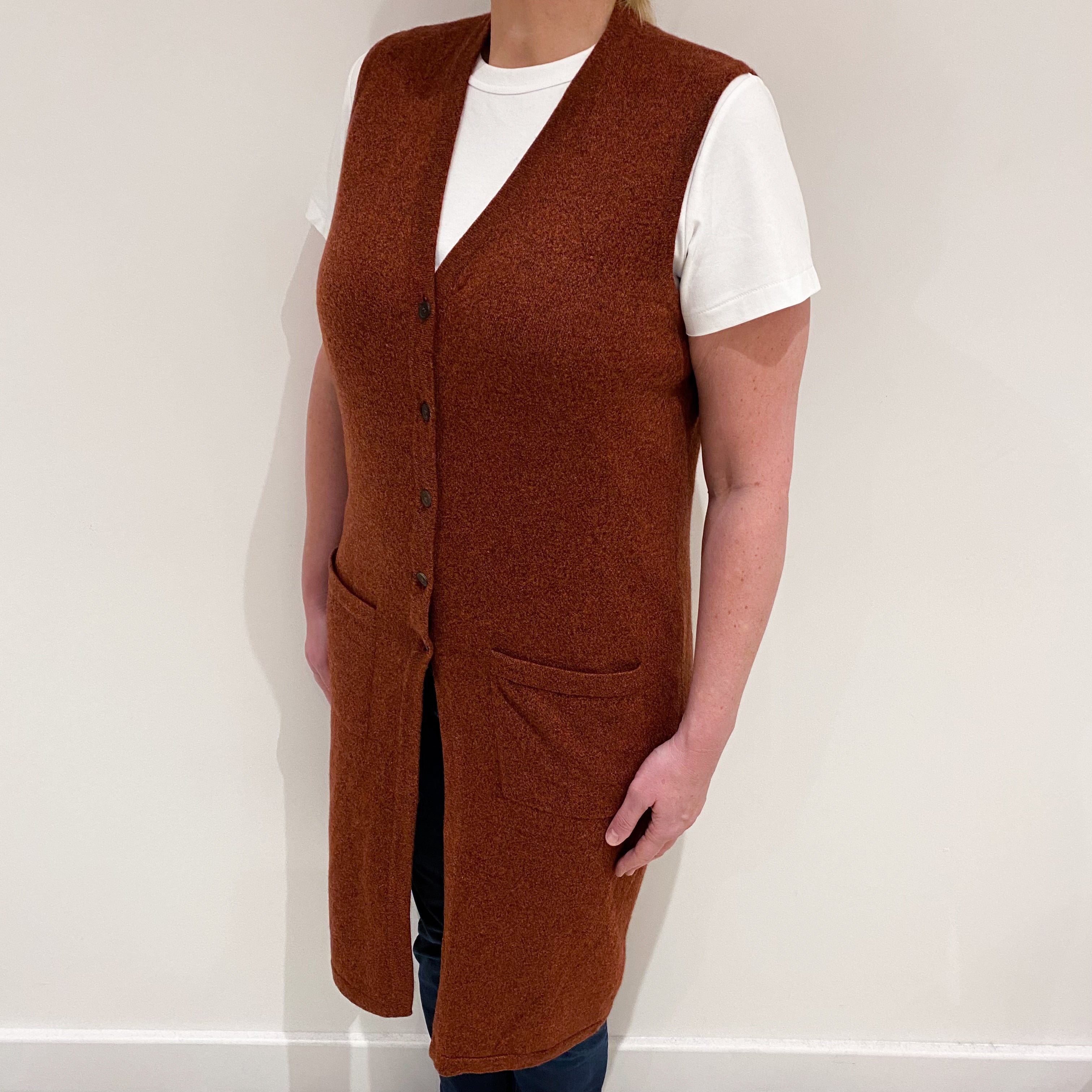 Rust Red Marl Cashmere Longline Sleeveless Cardigan Large