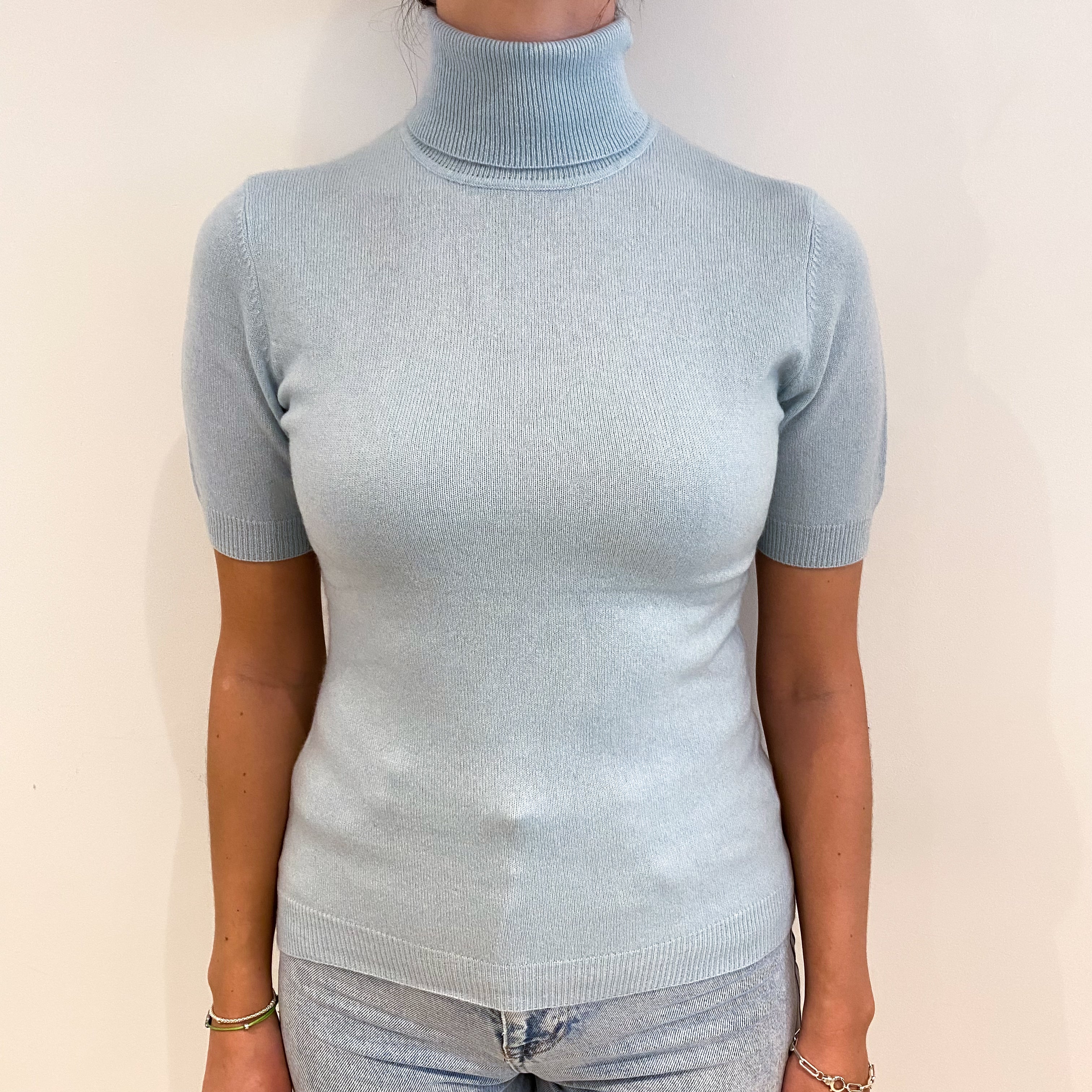 Opal Blue Cashmere Polo Neck Short Sleeved Jumper Small