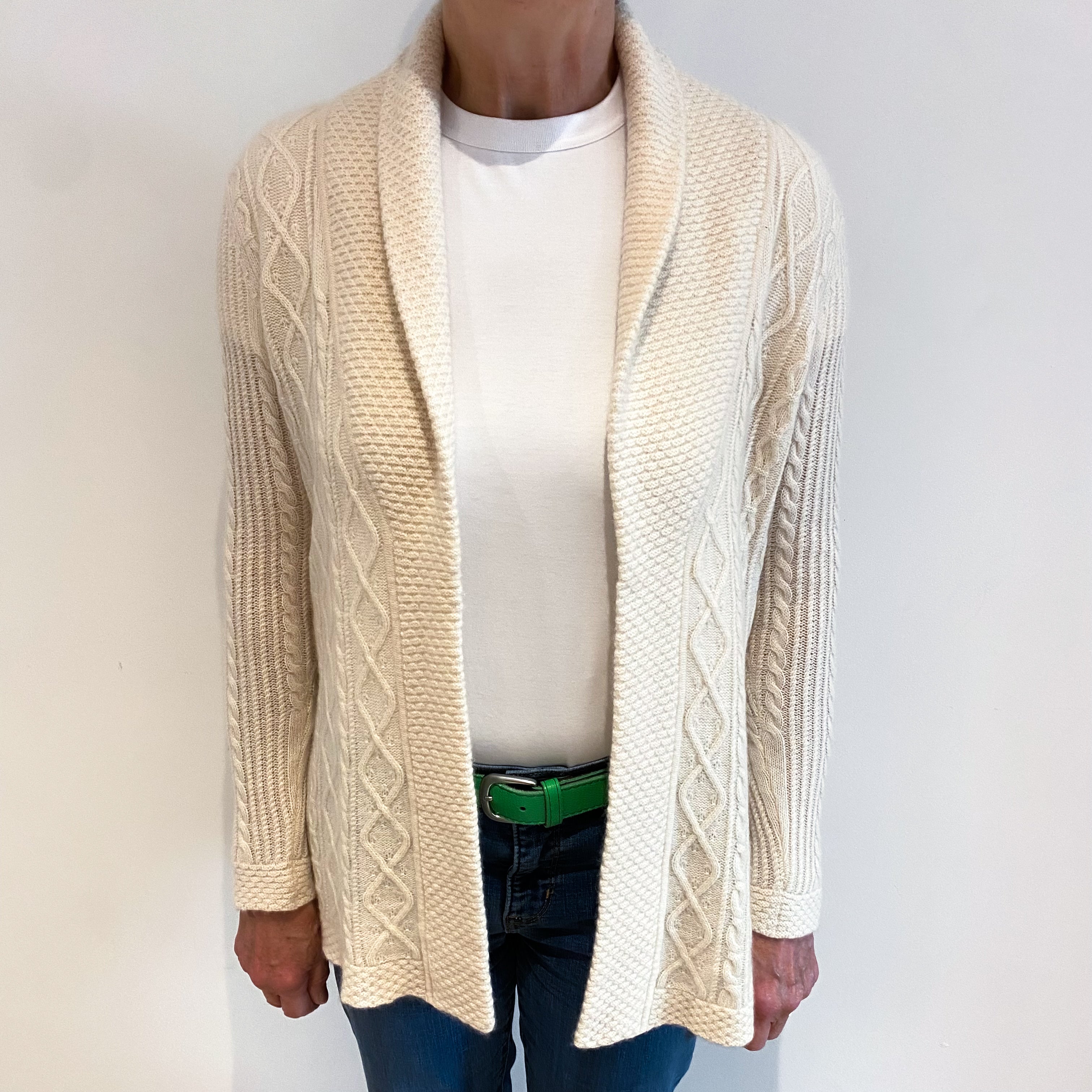 Ivory Textured Cashmere Edge to Edge Cardigan Medium