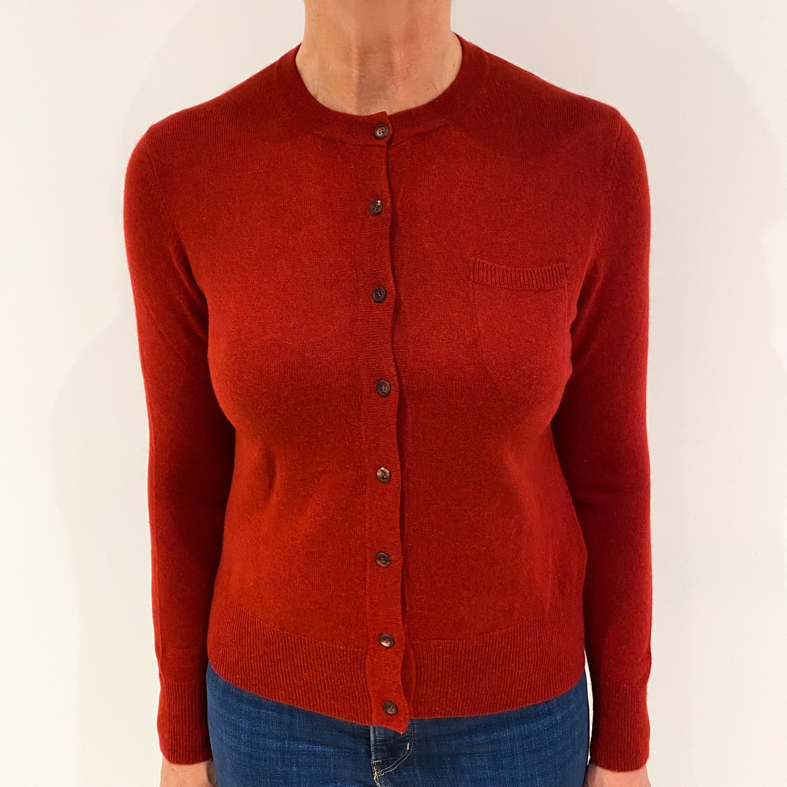 Paprika Red Cashmere Crew Neck Cardigan with Pocket Medium