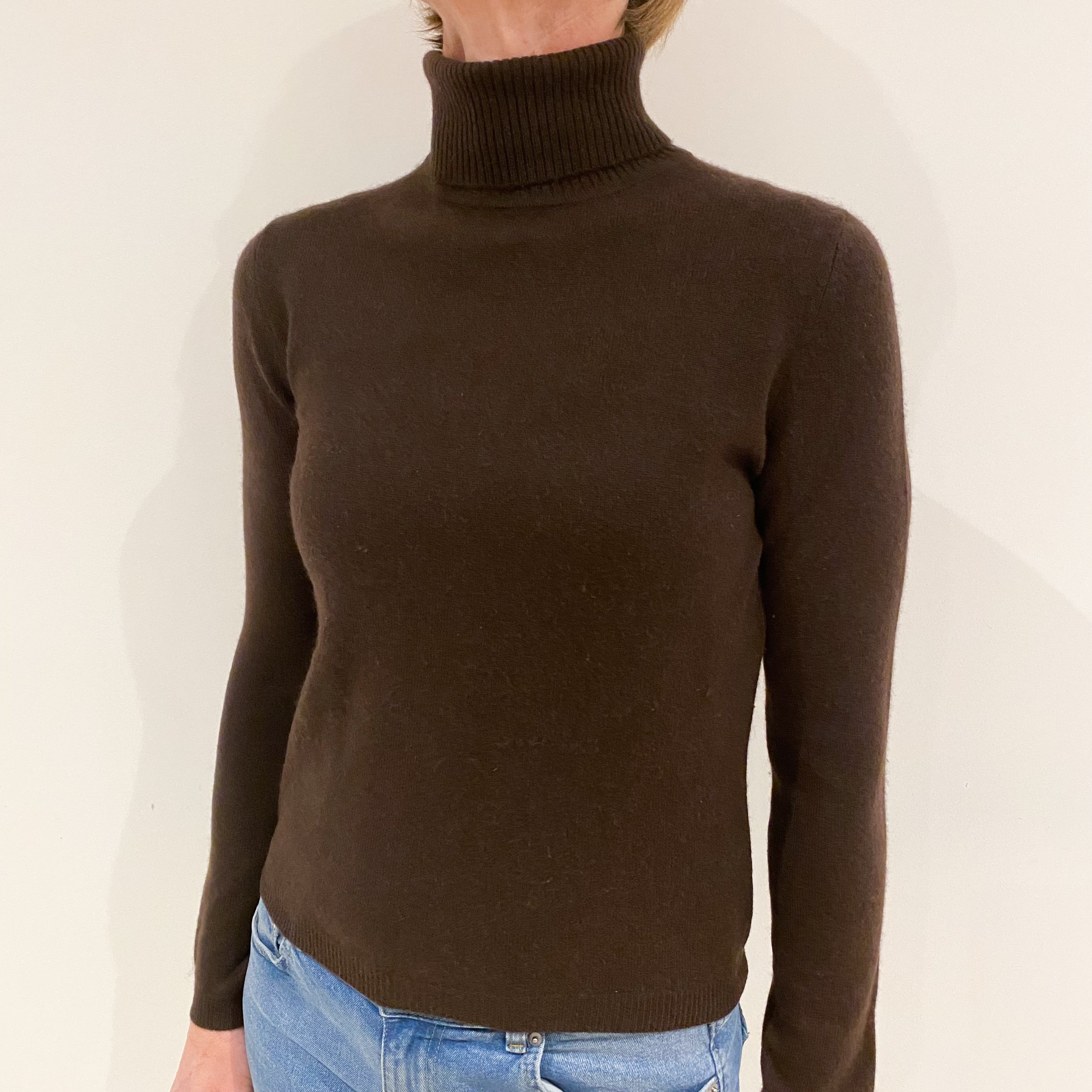 Chocolate Brown Cashmere Polo Neck Jumper Small