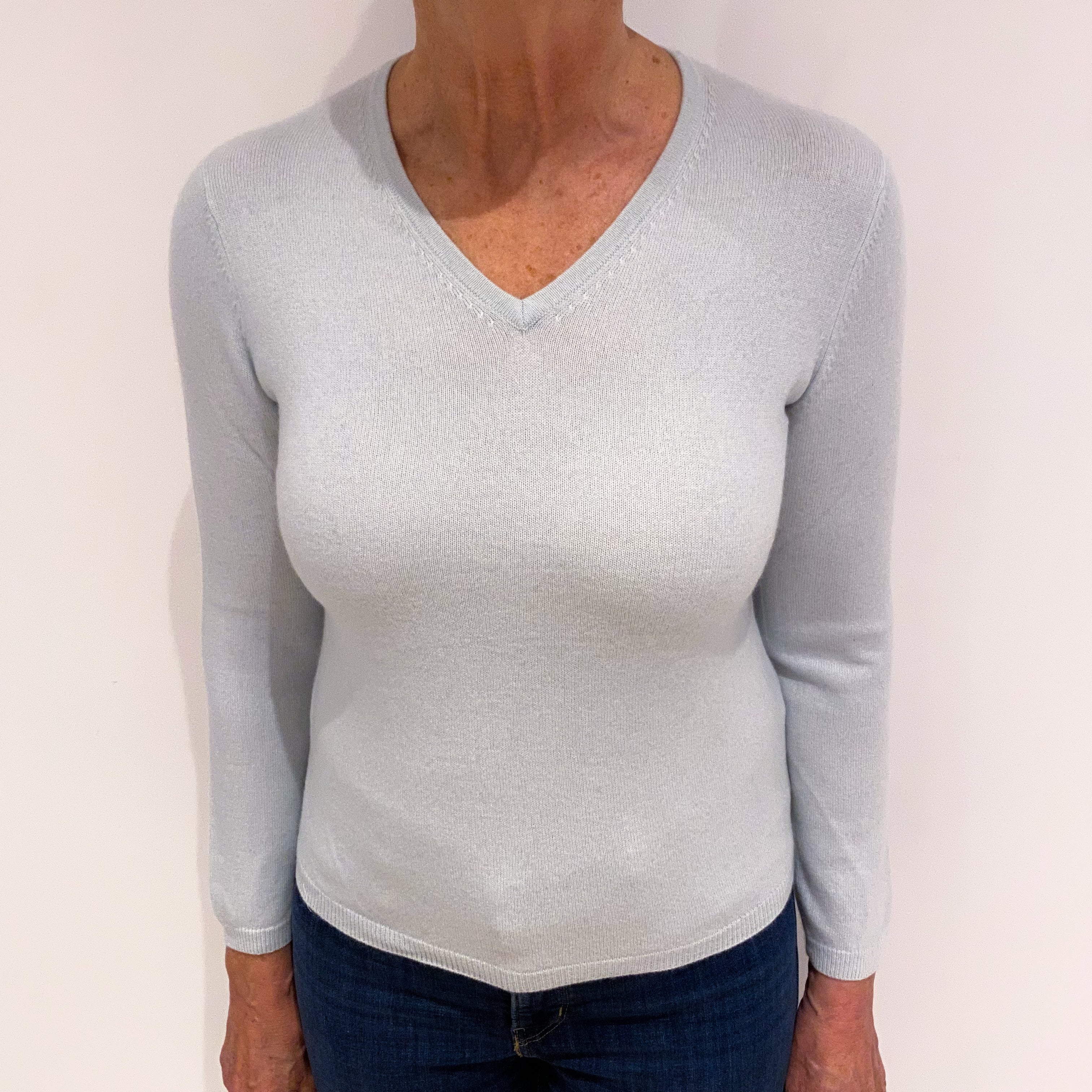 Pale Duck Egg Green Cashmere V Neck Jumper Medium