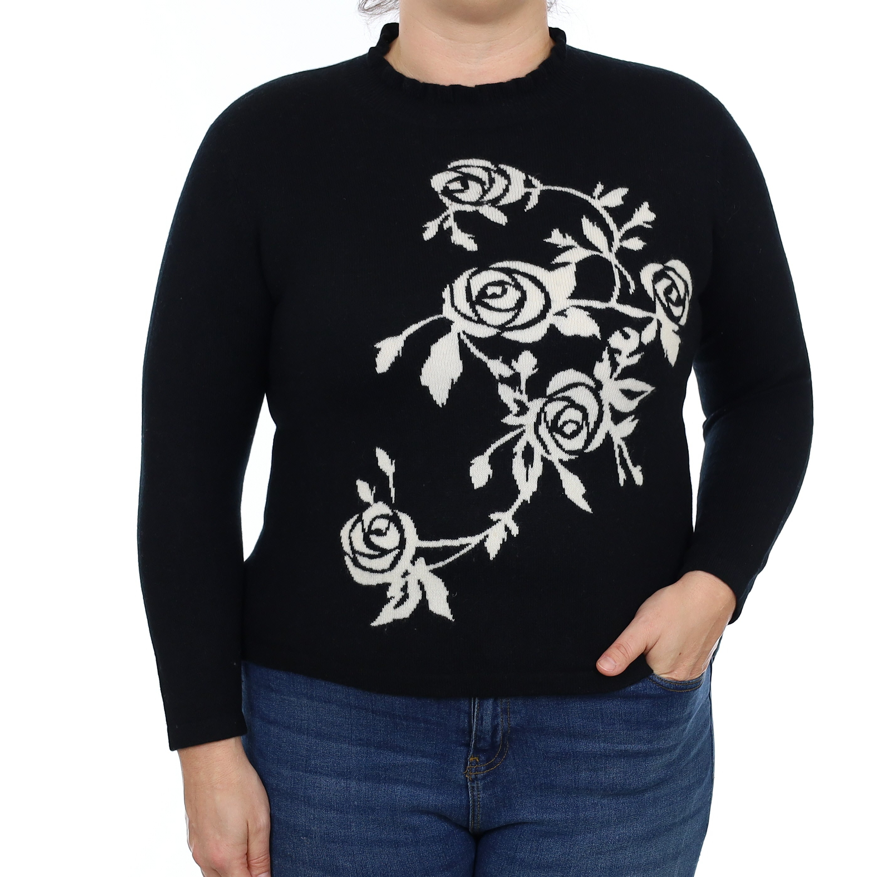 Black and Ivory Floral Cashmere Ruffle Edge Turtle Neck Jumper Large