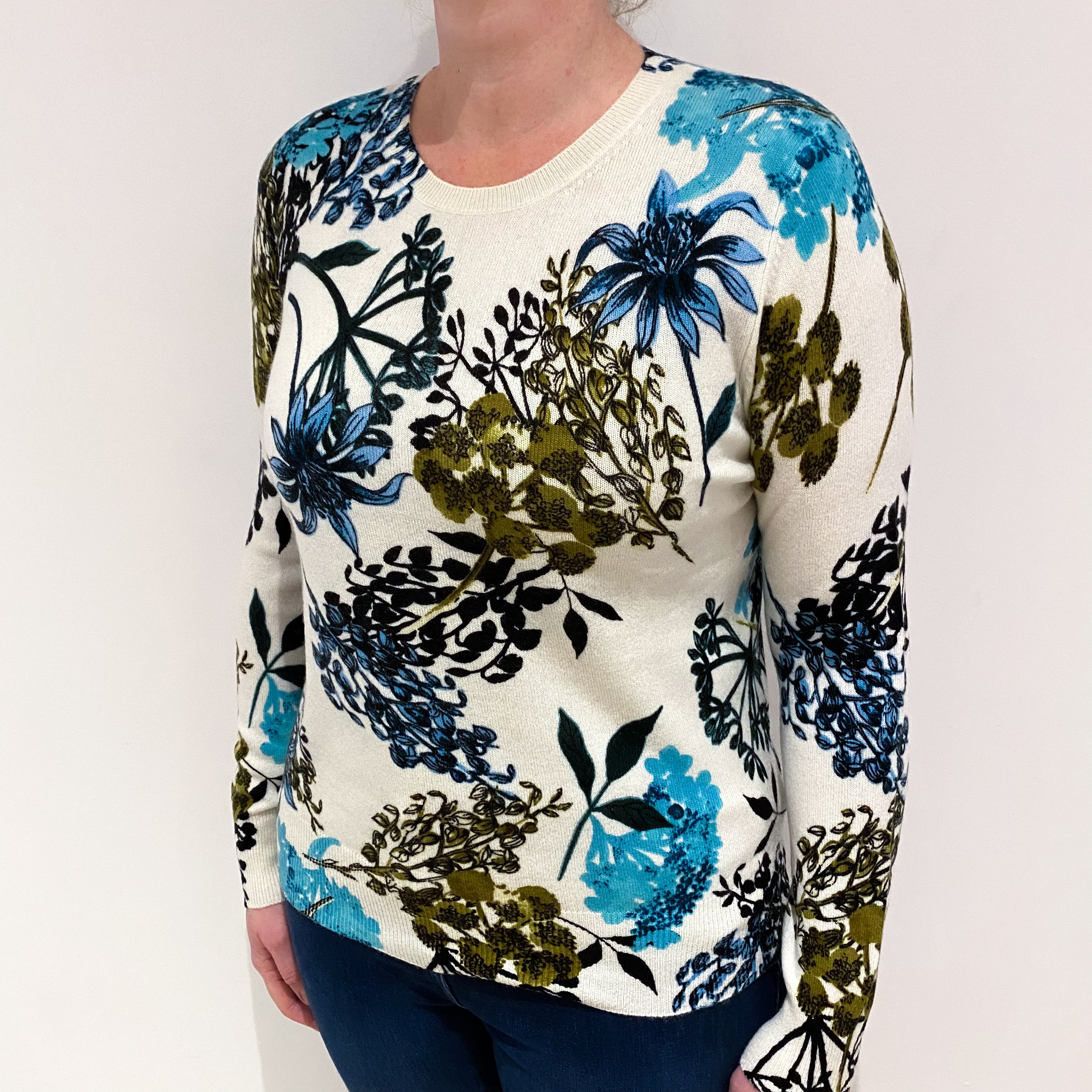 Cream Floral Print Cashmere Crew Neck Jumper Large