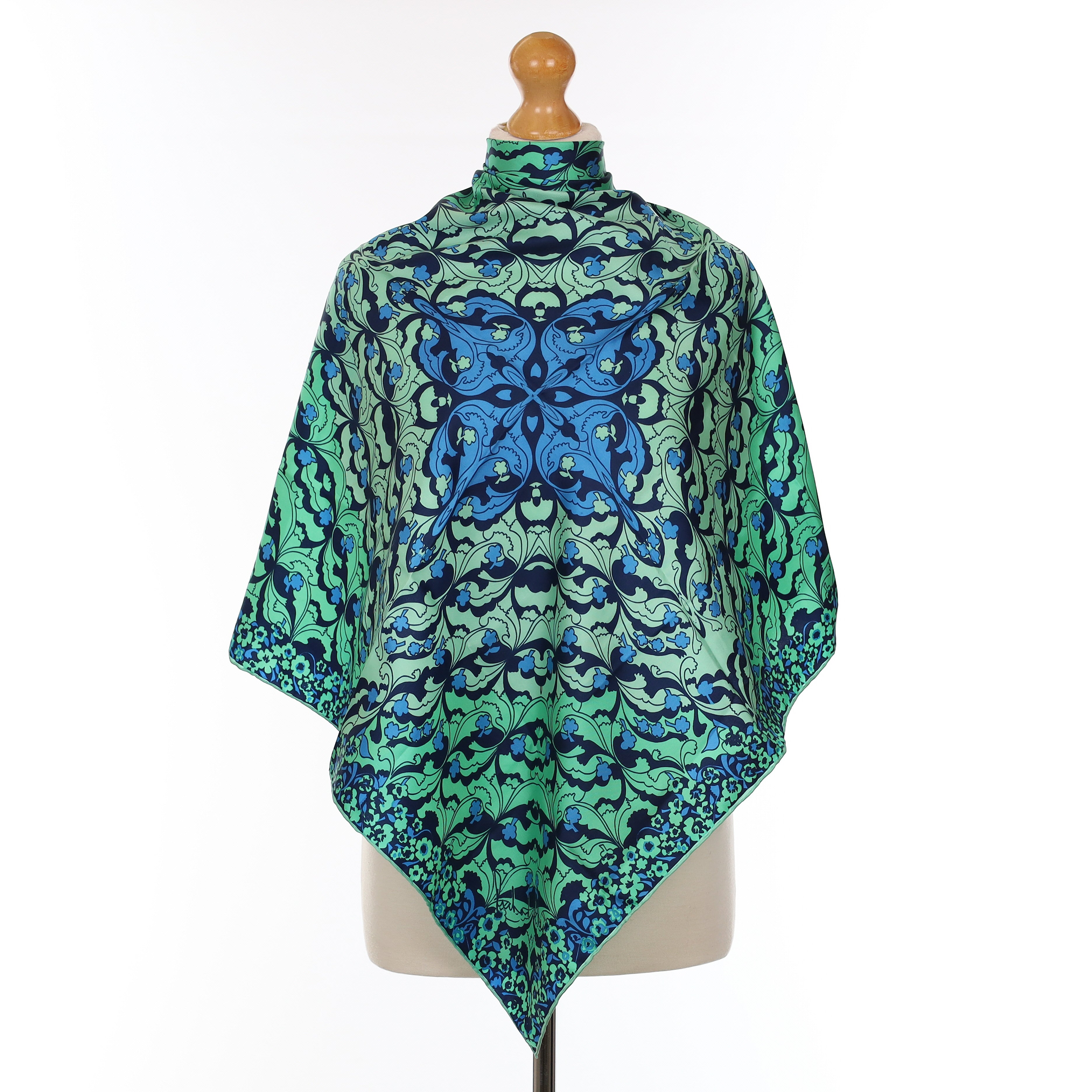 1970’s Richard Allan Blue And Green Floral Vintage Silk Scarf
