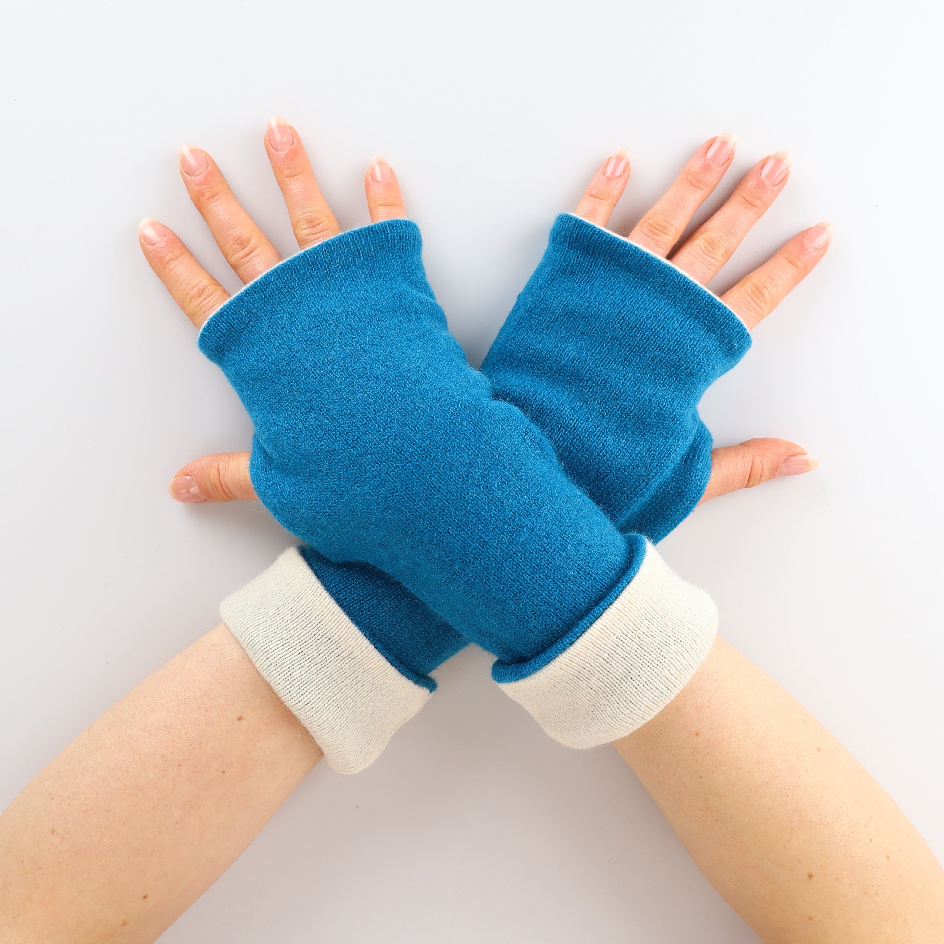Teal and Pale Sand Reversible Cashmere Fingerless Gloves