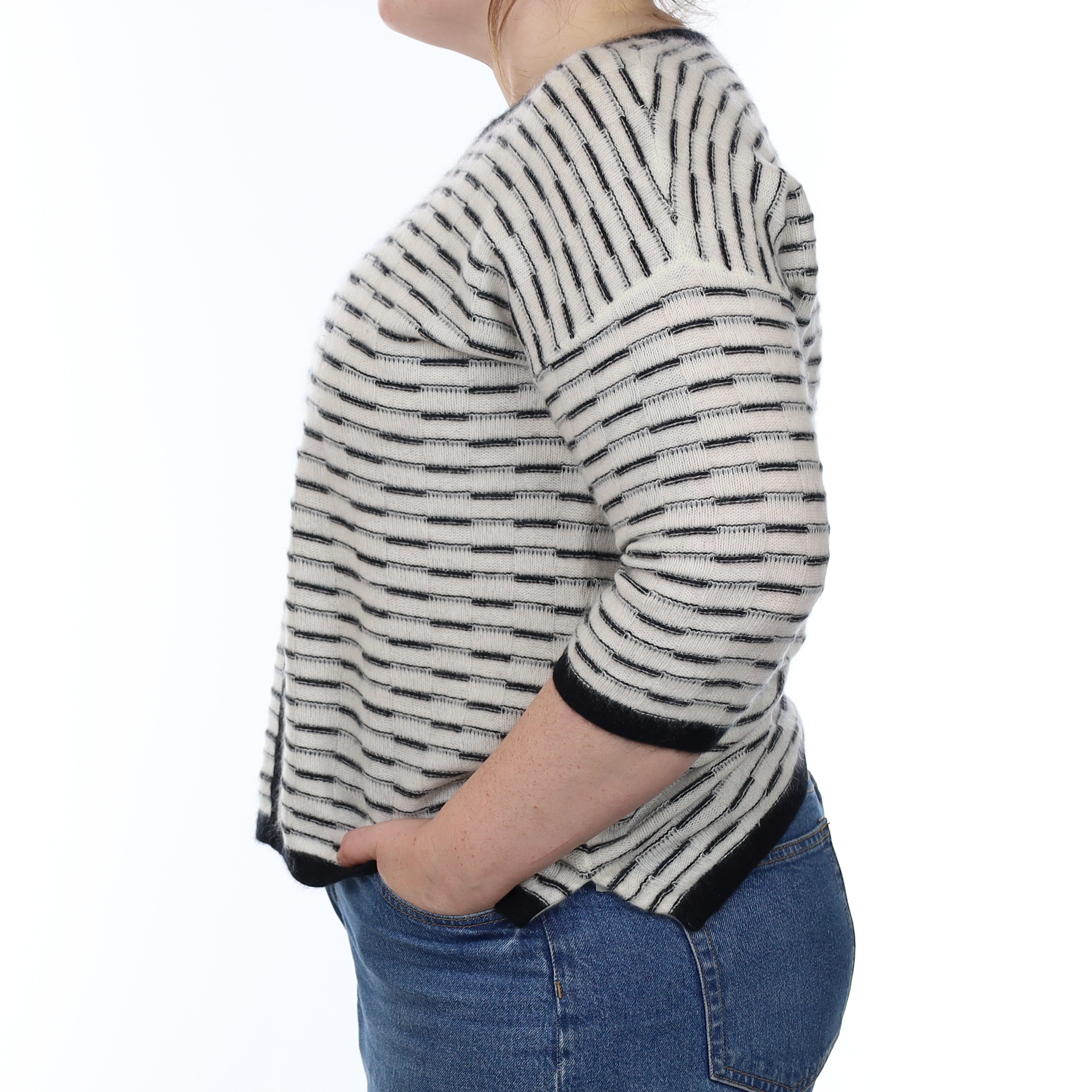 Black and Ivory Patterned Cashmere Crew Neck Jumper Large