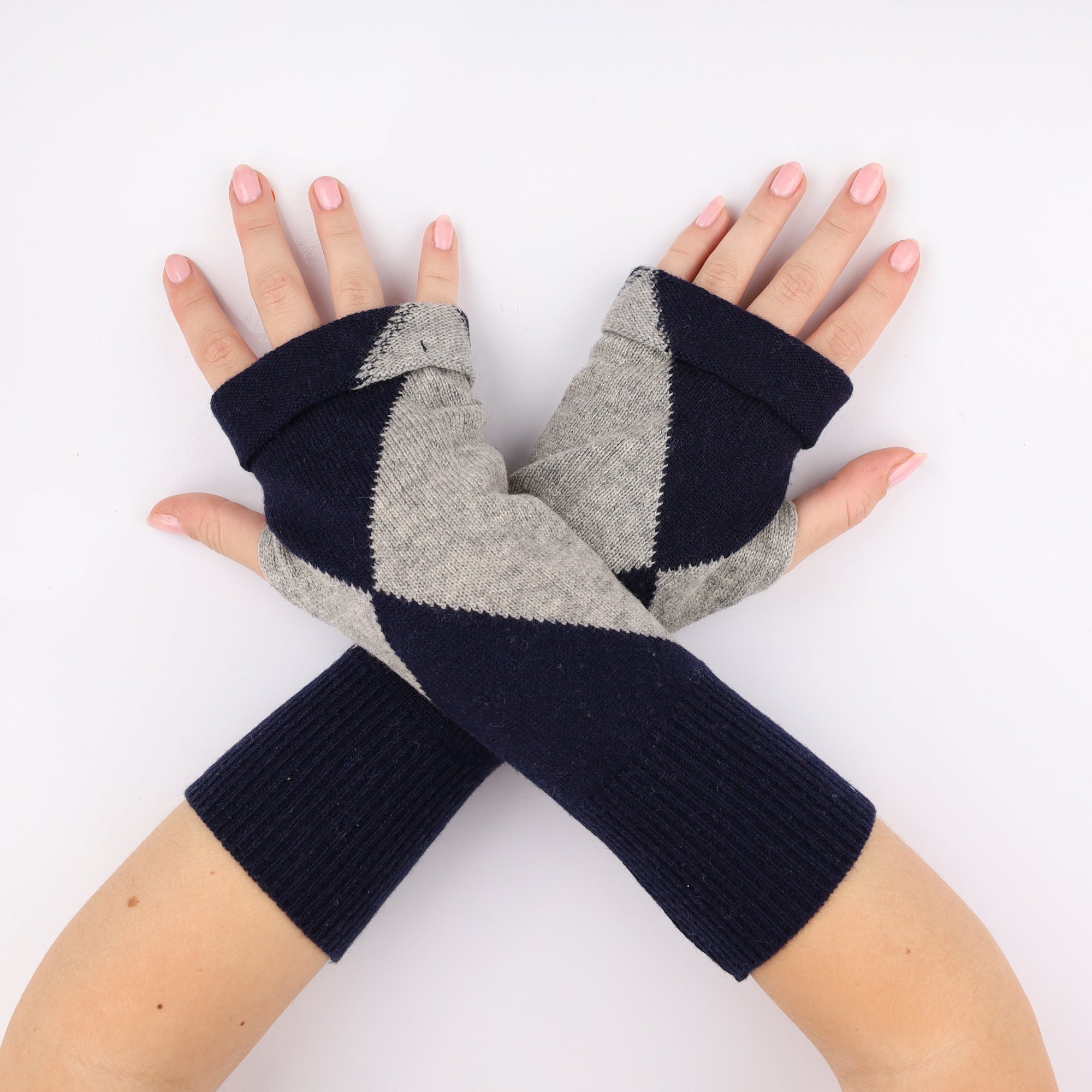 Navy and Grey Diamond Fingerless Gloves