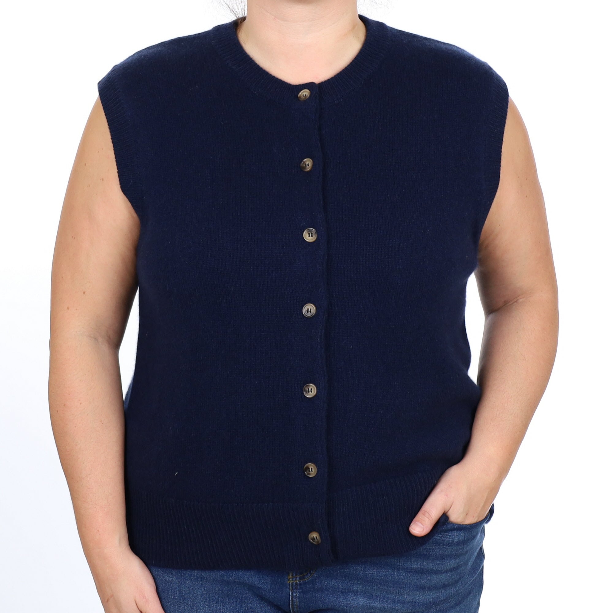 Brand New Navy Luxury Cashmere Crew Neck Waistcoat Extra Large UK 20-22