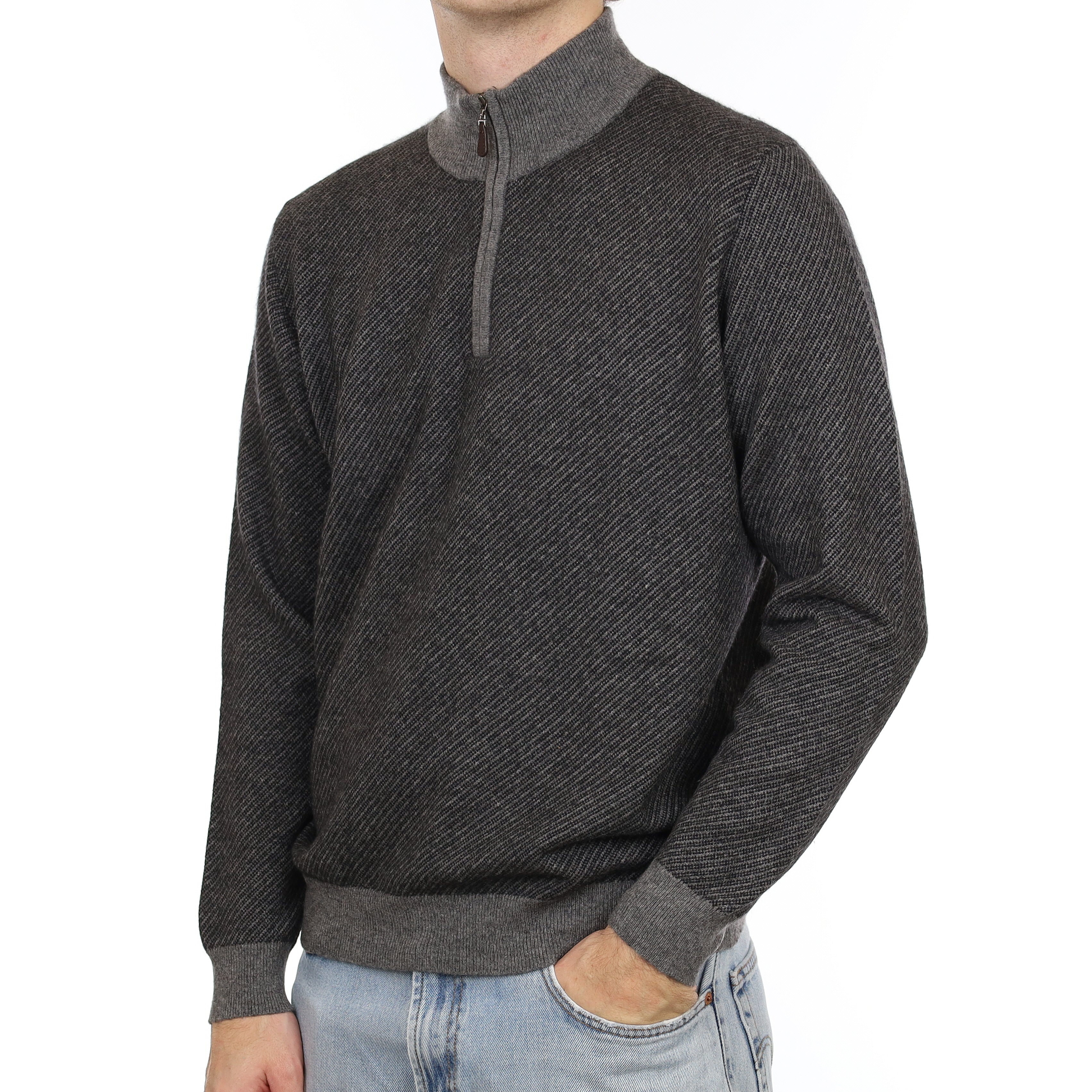 Men's Charcoal Grey Striped Cashmere 1/4 Zip Jumper Large