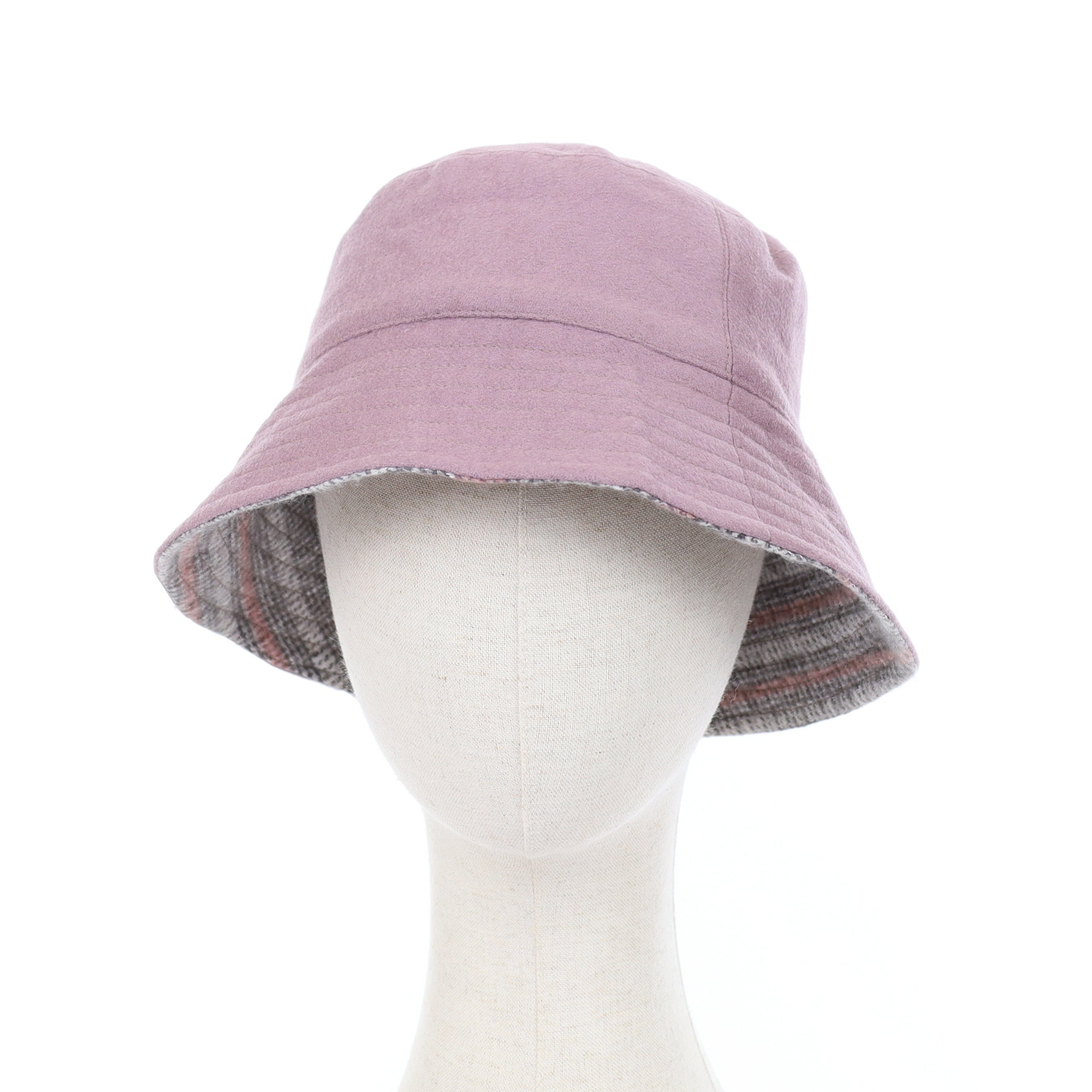 Pink and Grey Patterned Reversible Cashmere Bucket Hat Medium