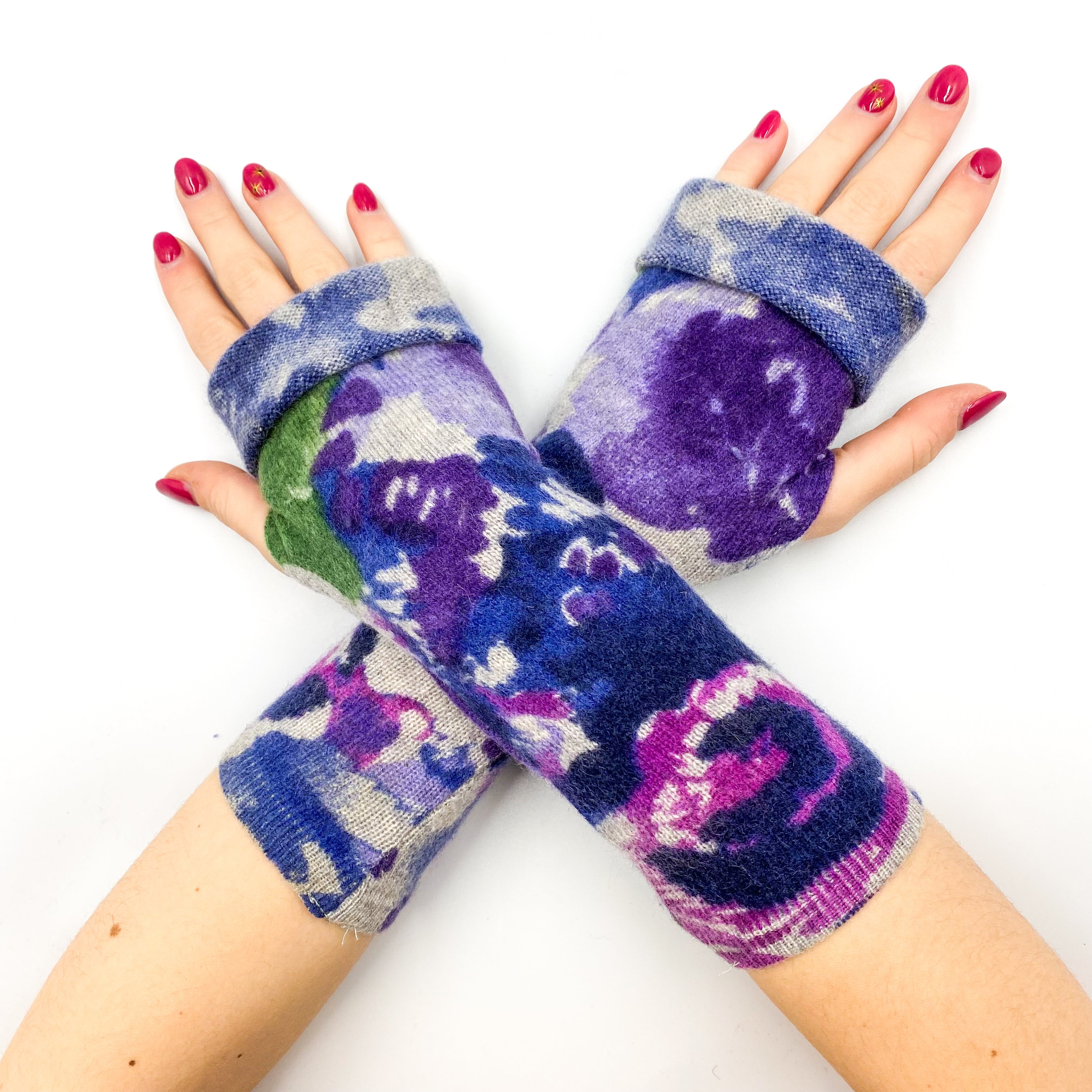Grey and Purple Floral Fingerless Gloves
