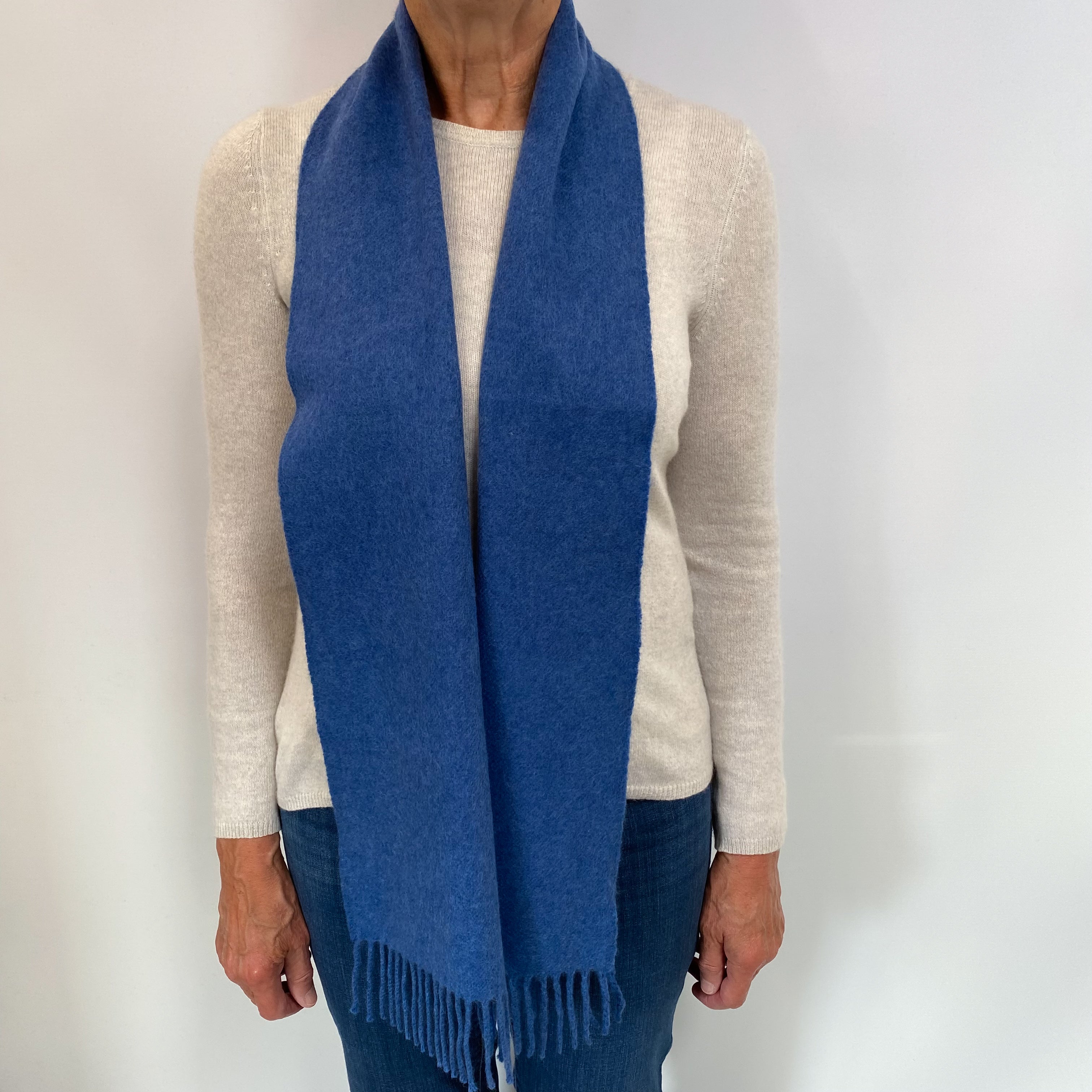 Deep Denim Blue Fringed Cashmere Woven Scarf