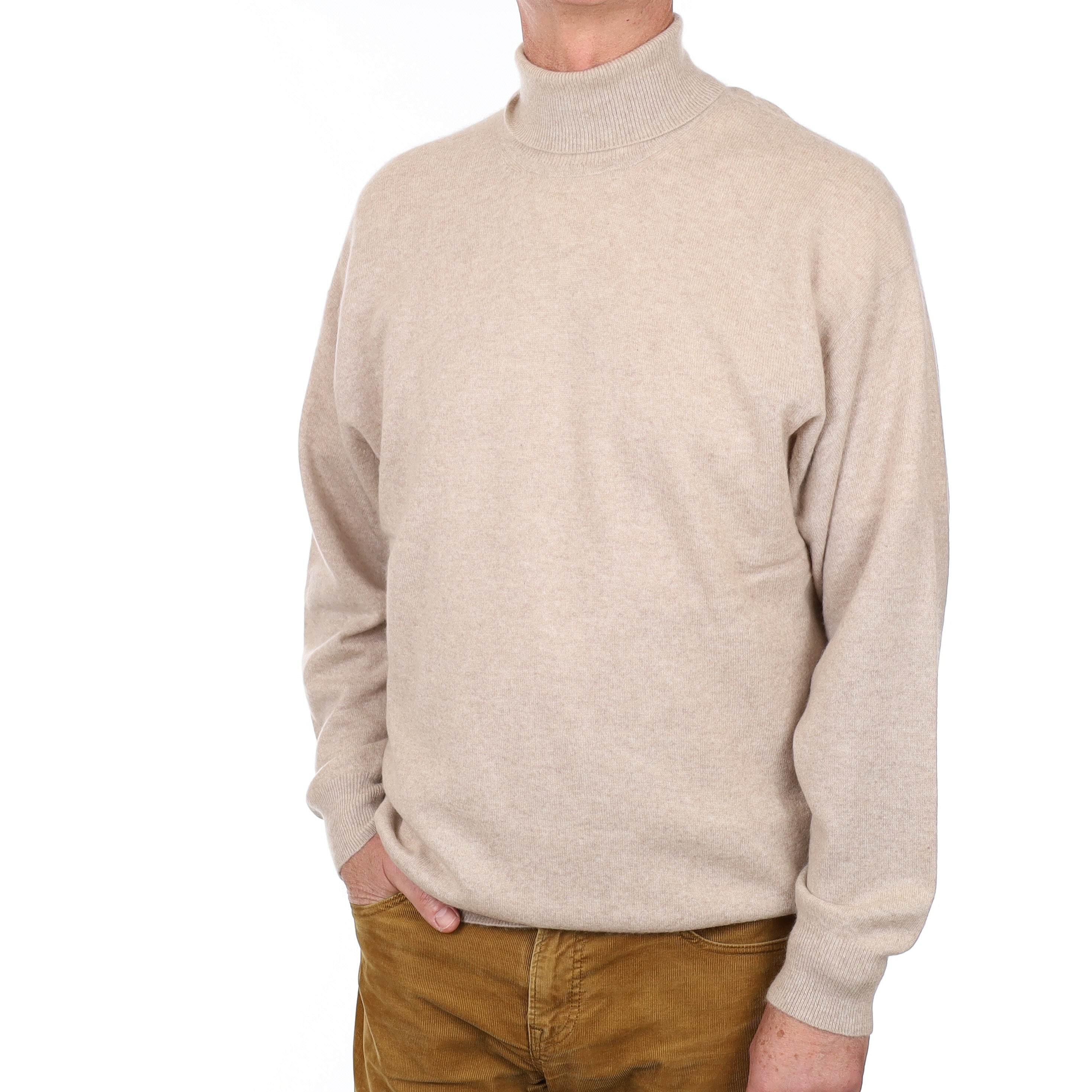 Men’s Oatmeal Cashmere Polo Neck Jumper Extra Large