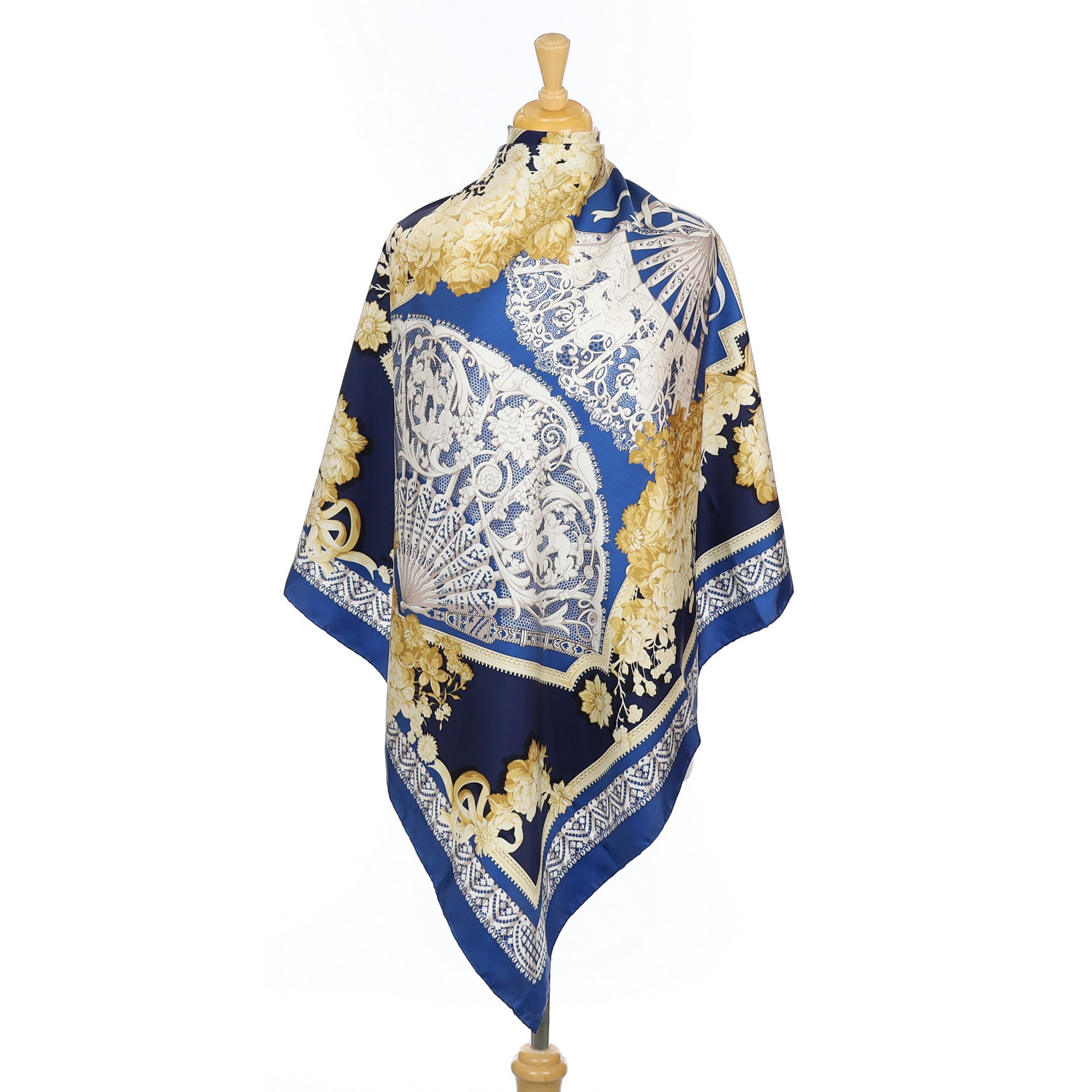 Pristine Italian Traditional Blue and Cream Silk Scarf