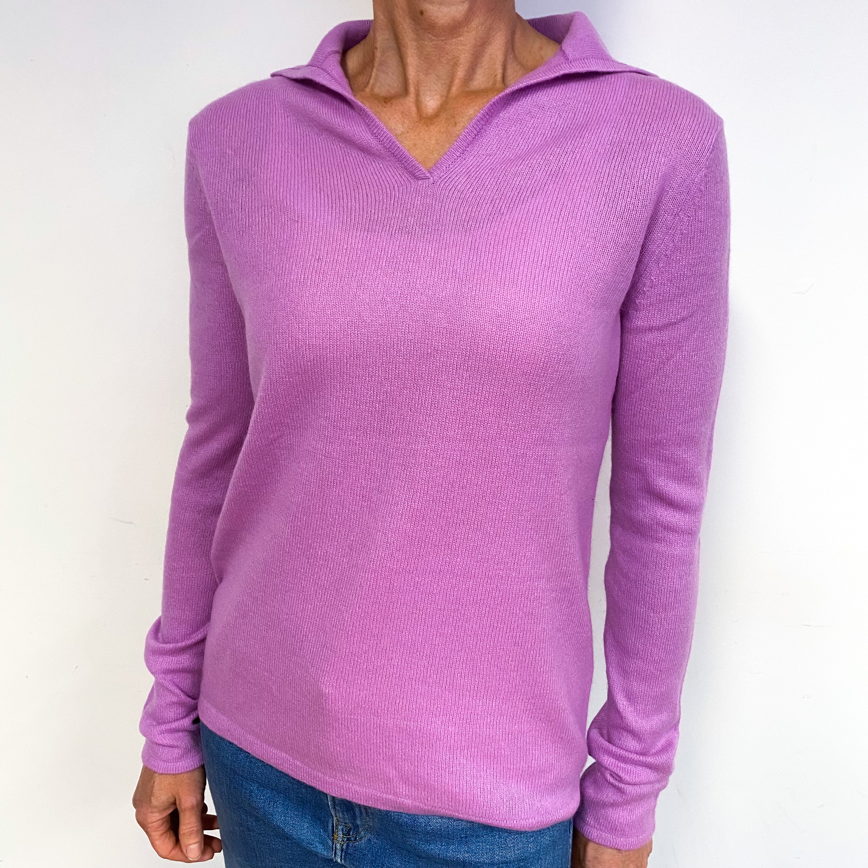 Mauve Purple Cashmere Collared V-Neck Jumper Medium