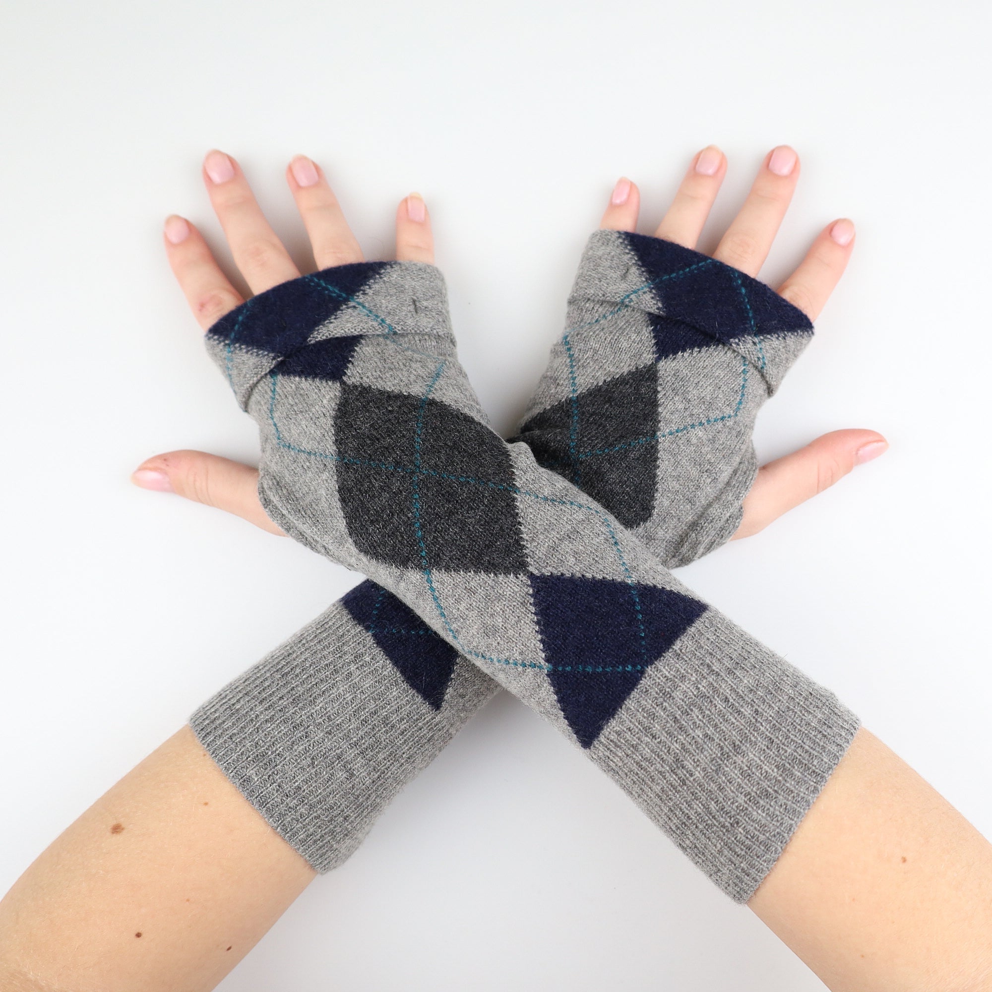 Grey and Navy Argyle Fingerless Gloves