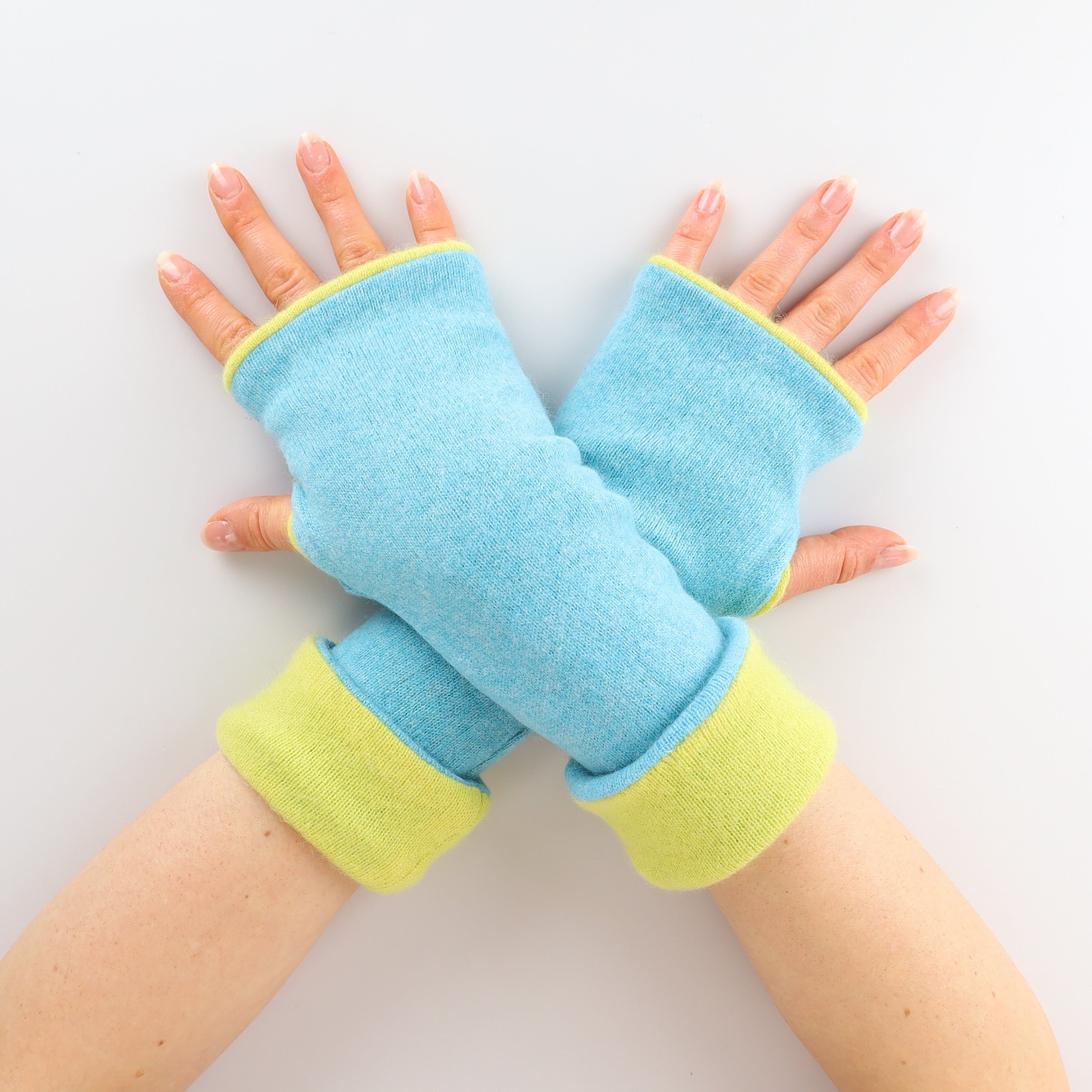 Aqua and Chartreuse Yellow Reversible Cashmere Fingerless Gloves