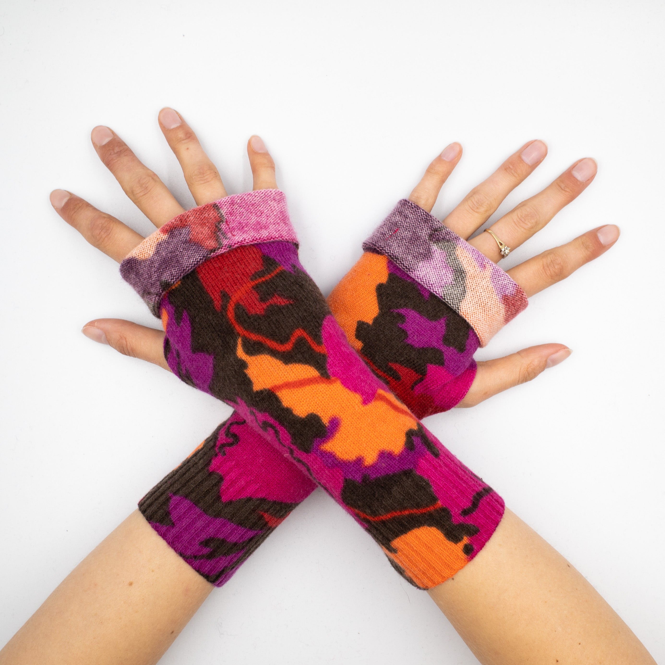 Pink Orange and Floral Fingerless Gloves
