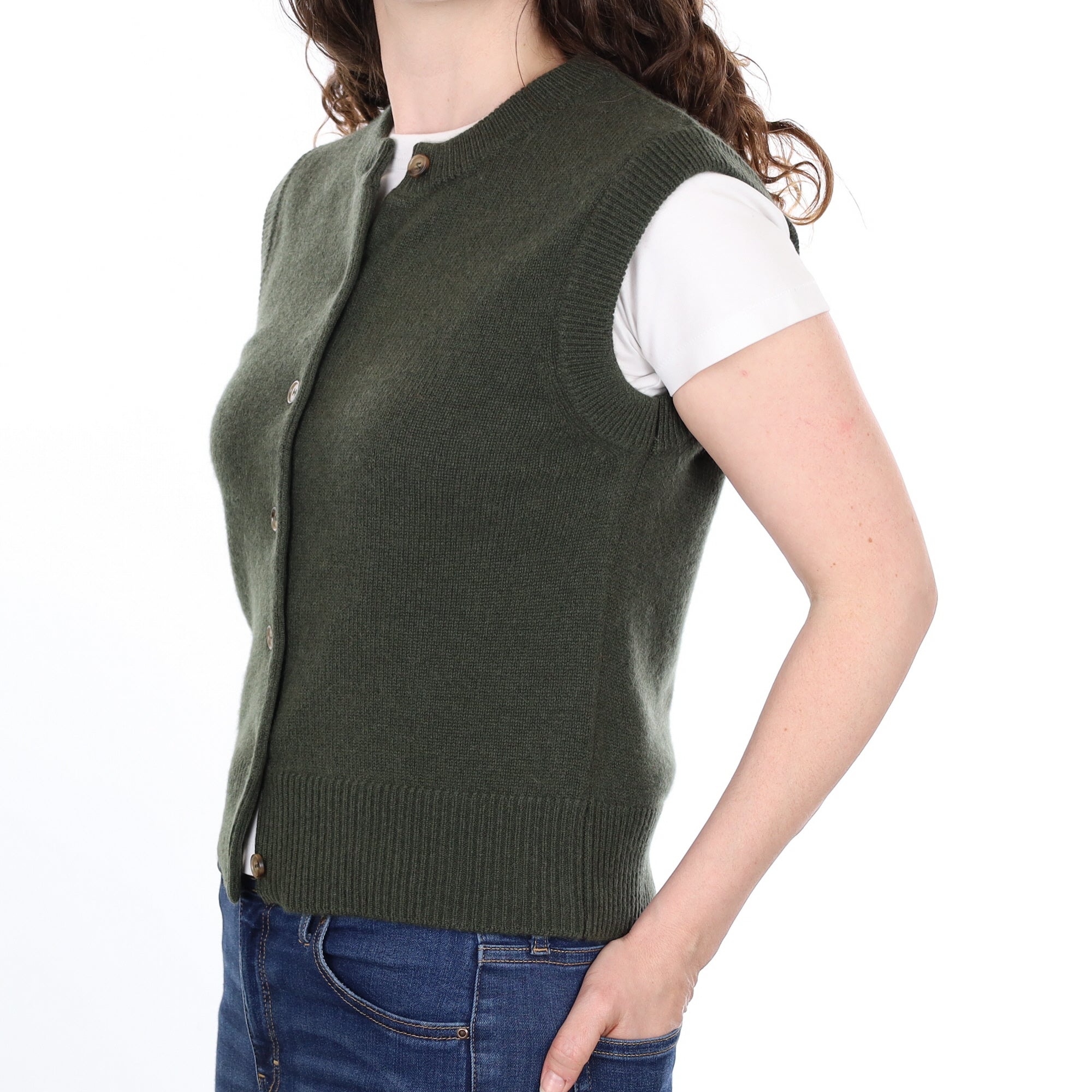 Brand New Khaki Luxury Cashmere Crew Neck Waistcoat Small UK 8-10