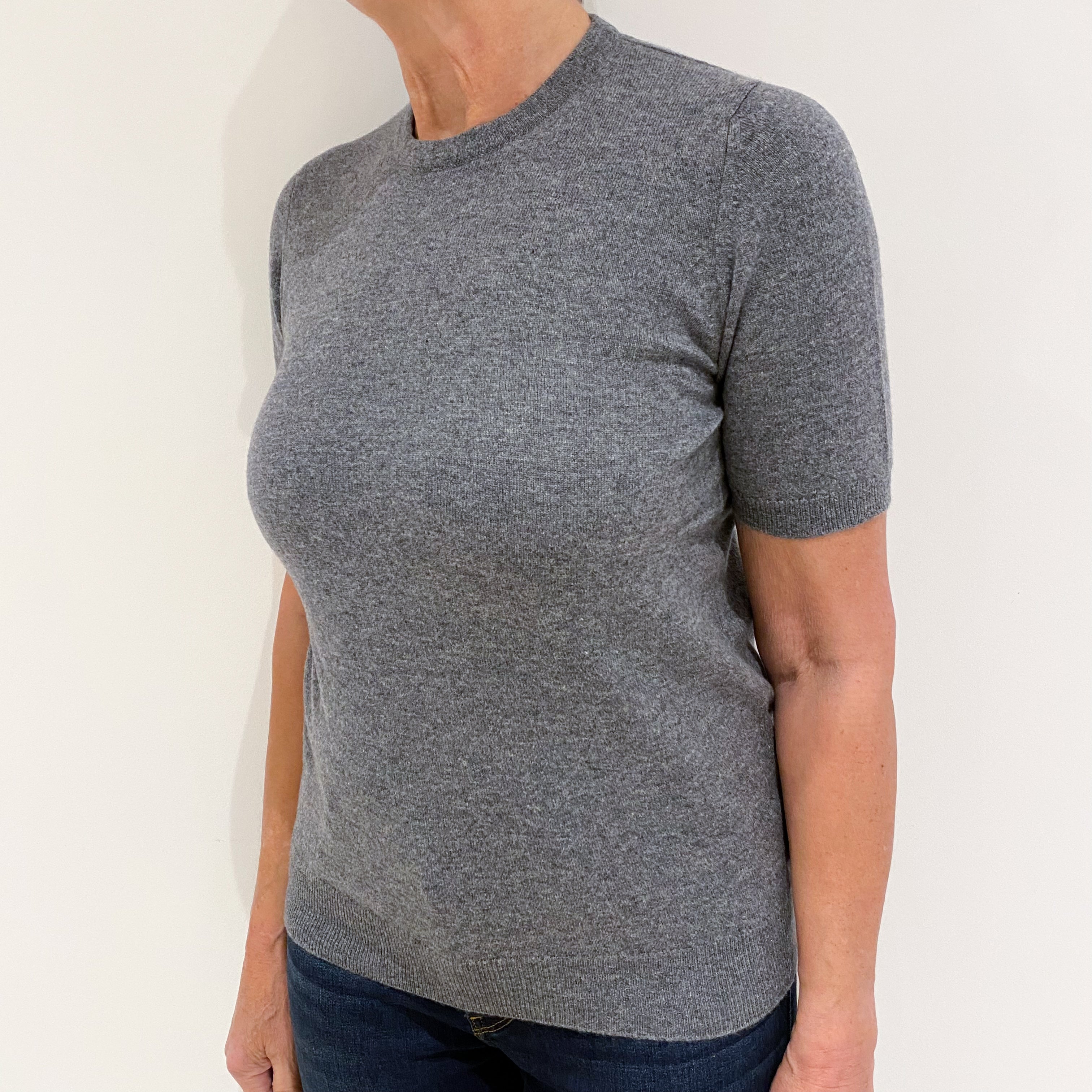 Brand New Scottish Steel Grey Short Sleeved Cashmere Crew Neck Jumper Small