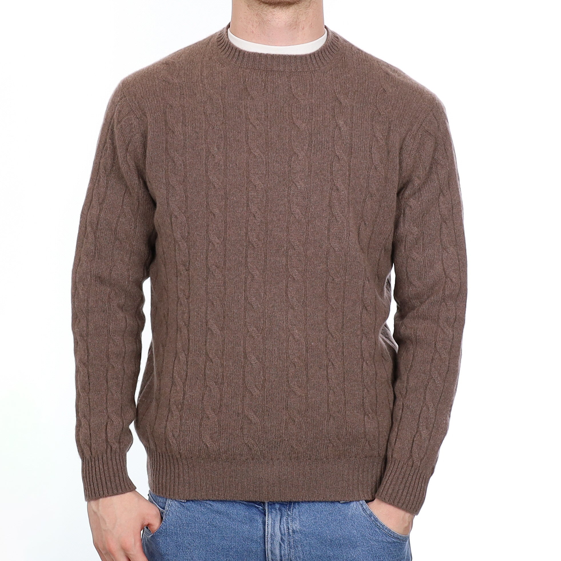 Men’s Scottish William & Son Mocha Cable Cashmere Crew Neck Jumper Large