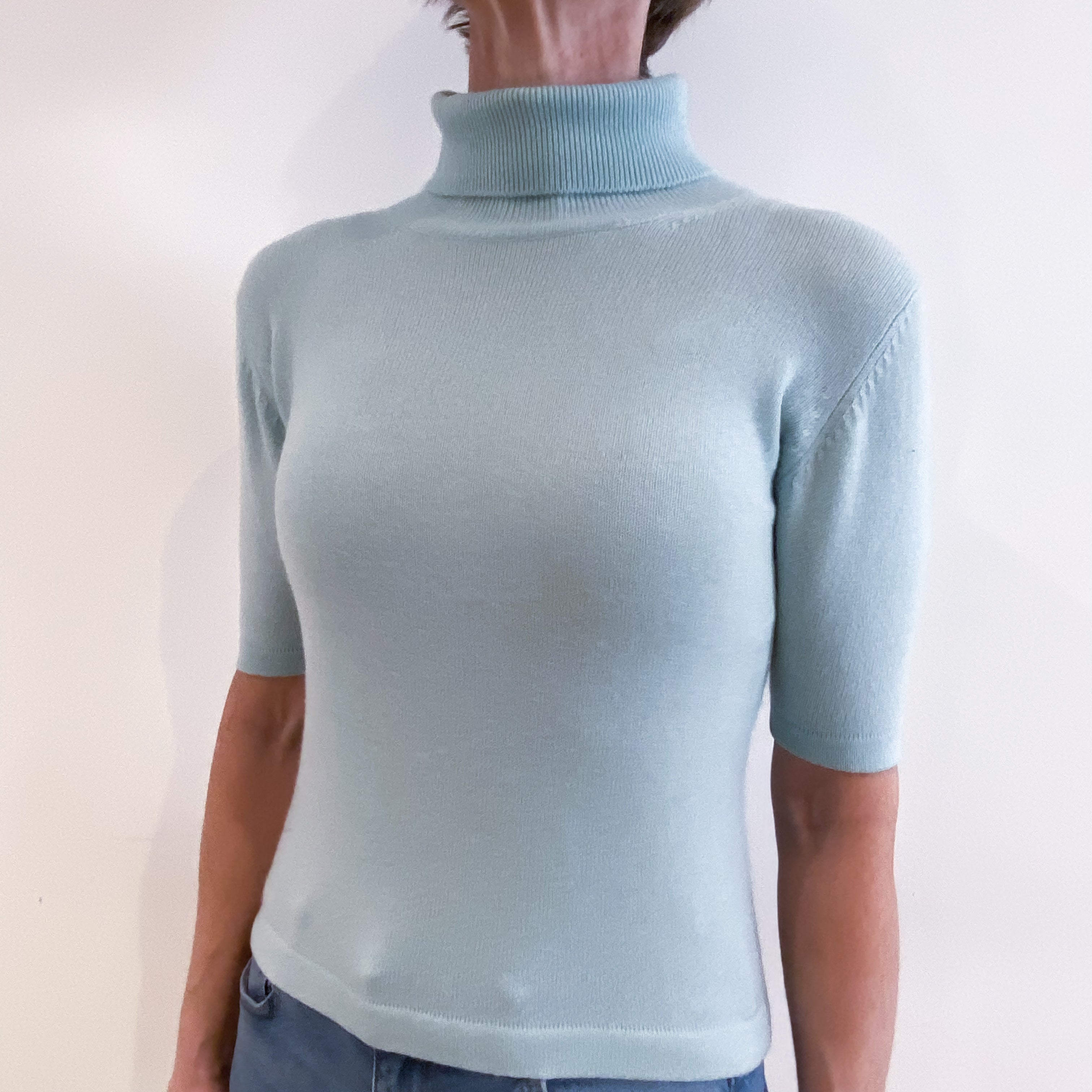 Mint Green Cashmere Short Sleeved Polo Neck Jumper Small
