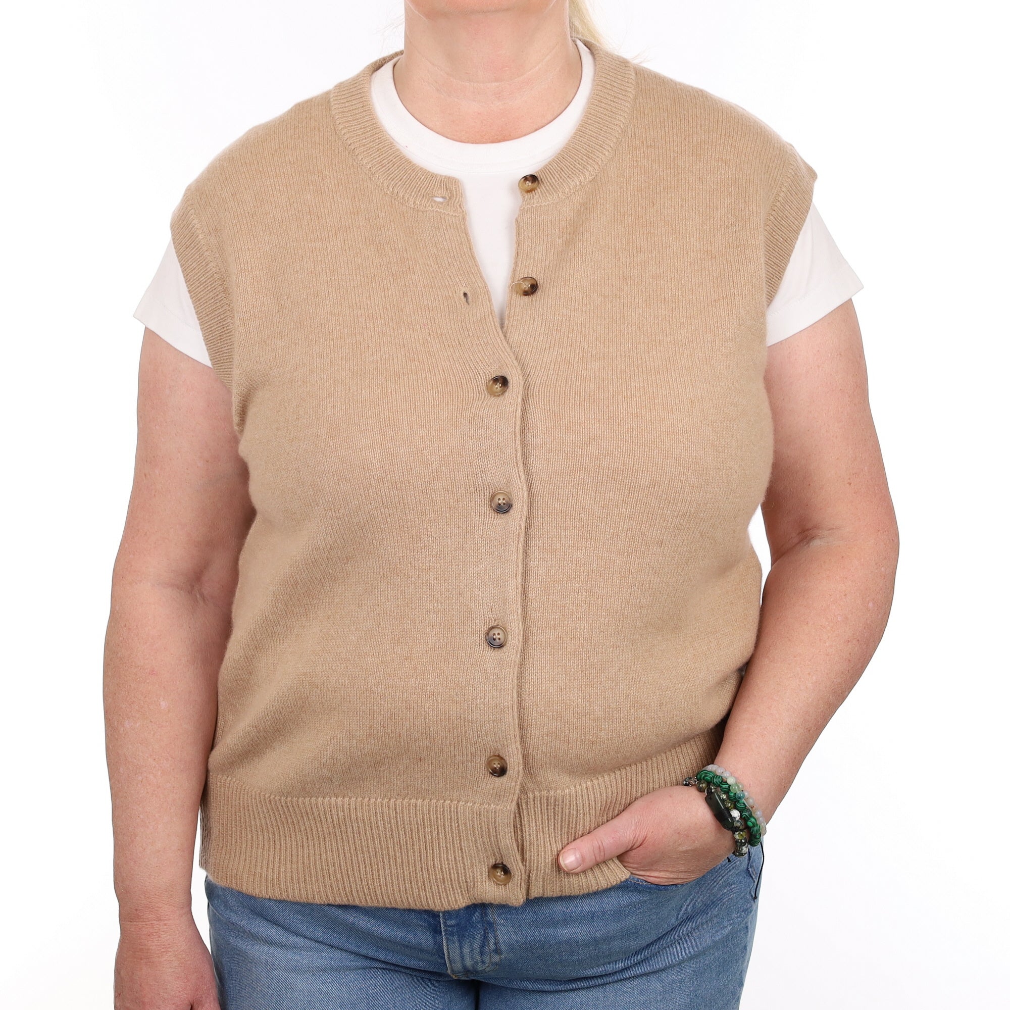 Brand New Caramel Luxury Cashmere Crew Neck Waistcoat Extra Large UK 20-22