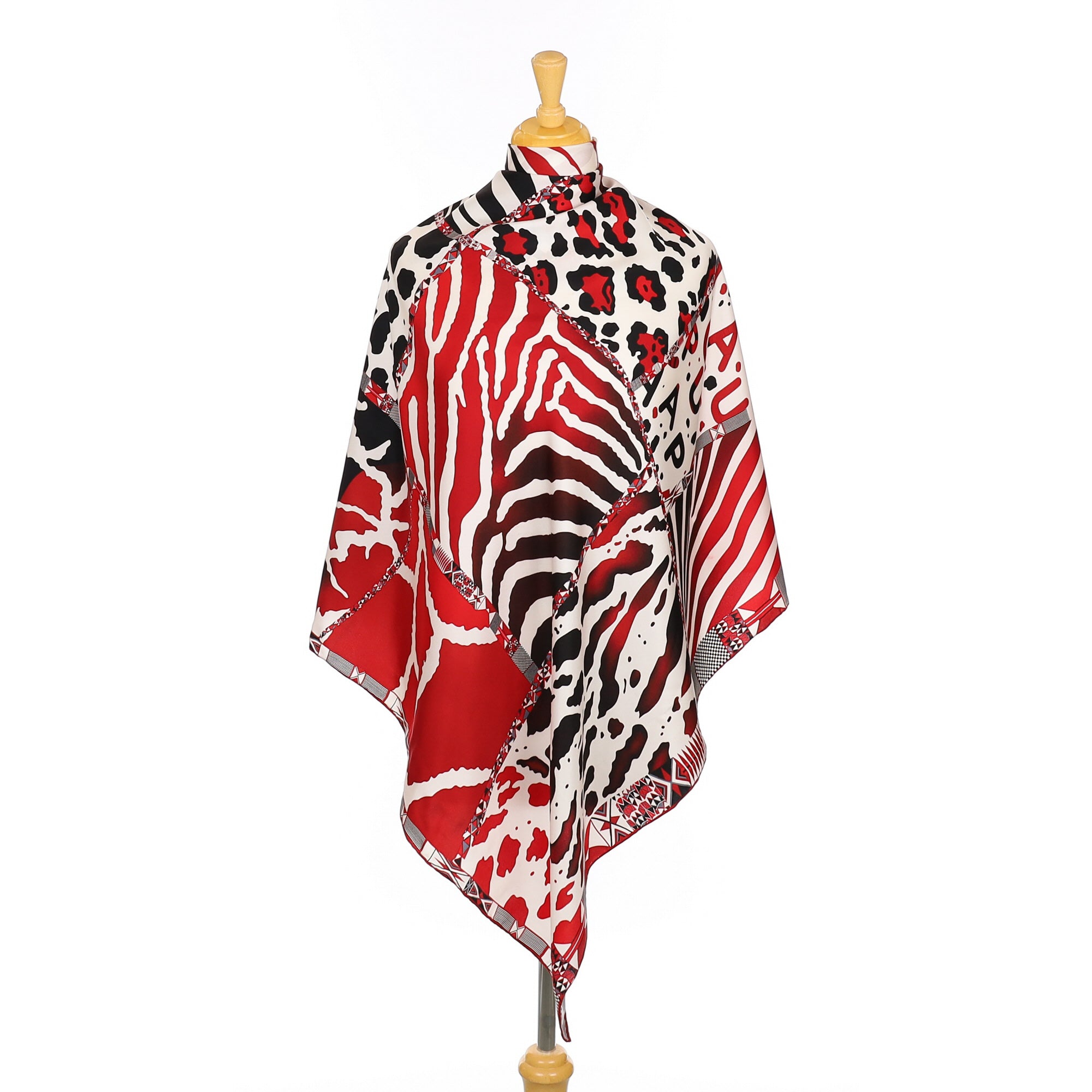 Red Black and Cream Animal Print Silk Scarf