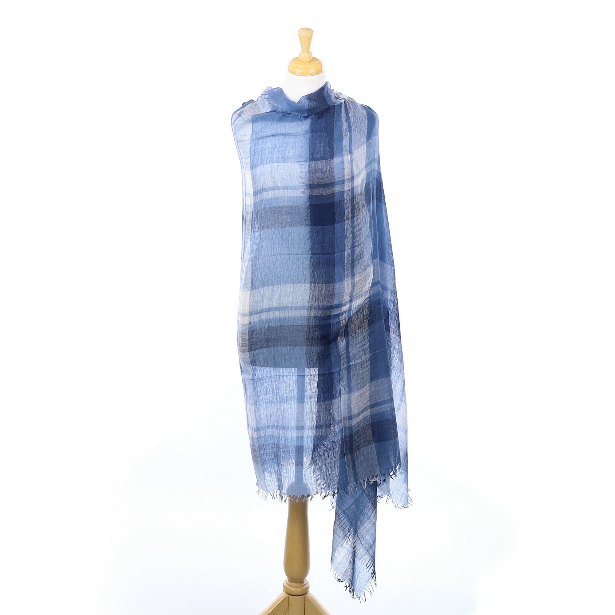 Scottish Begg & Co Denim Blue Checked Extra Fine Woven Cashmere Wrap