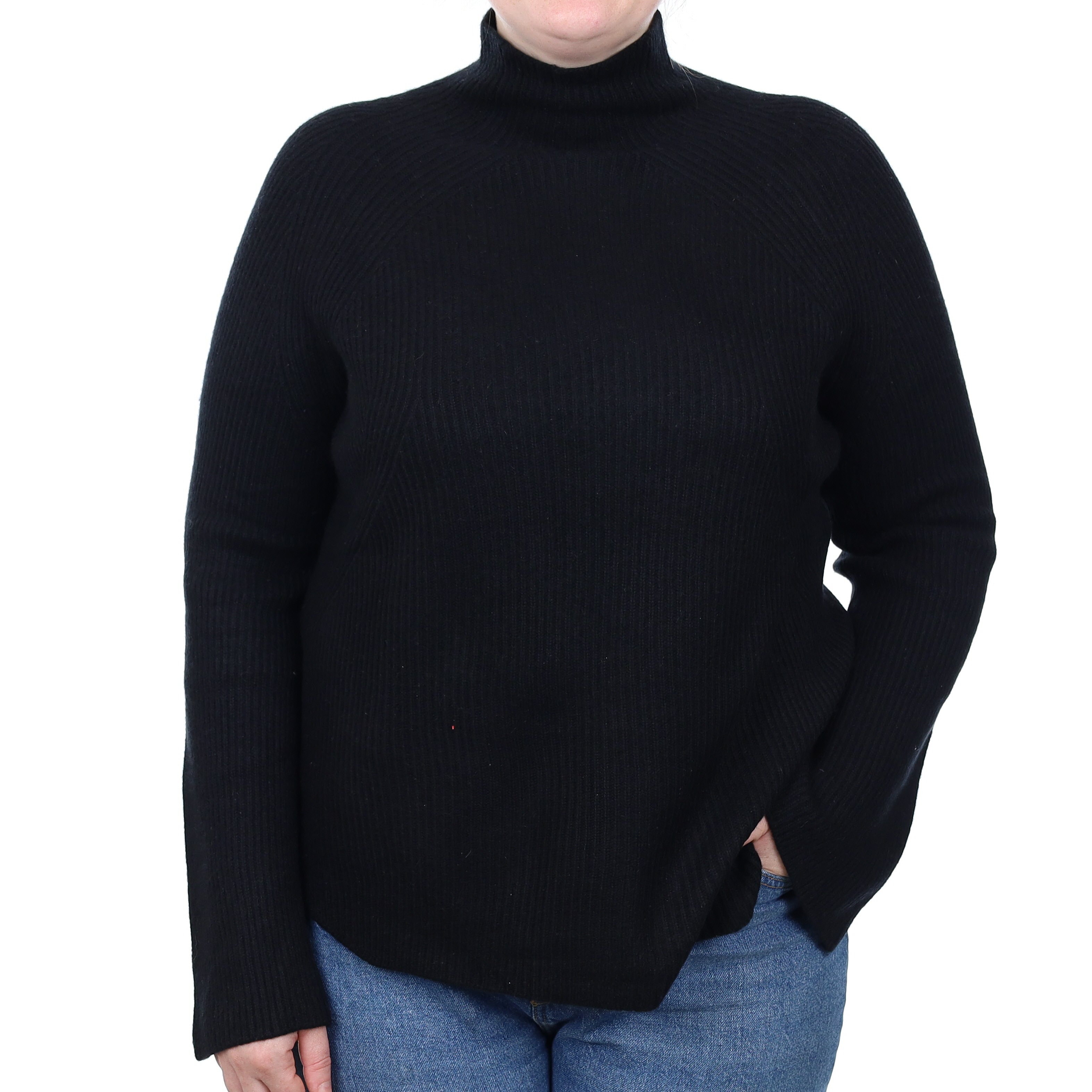 Black Ribbed Cashmere Flared Sleeve Turtle Neck Jumper Large