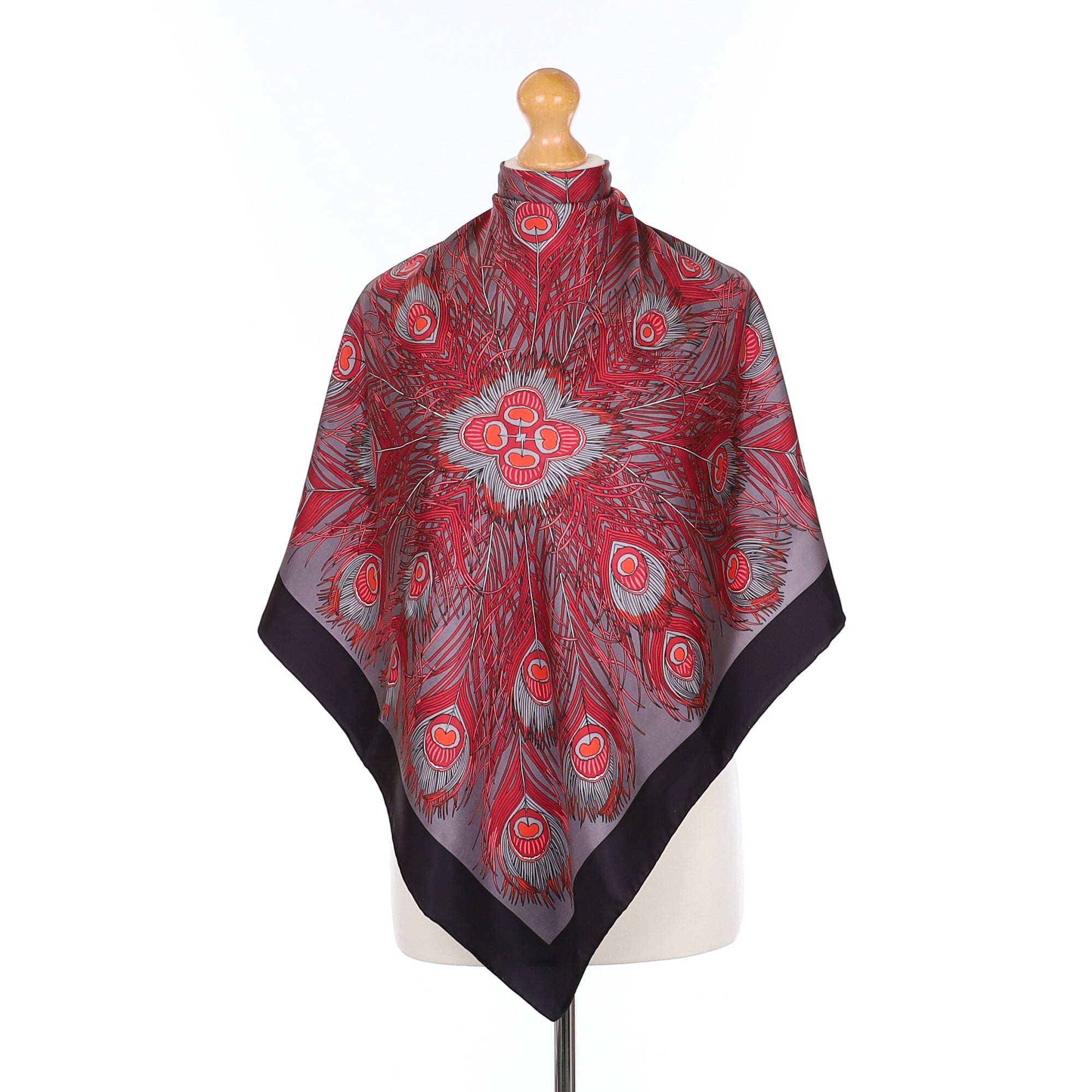 Red And Grey Peacock Feather Silk Scarf