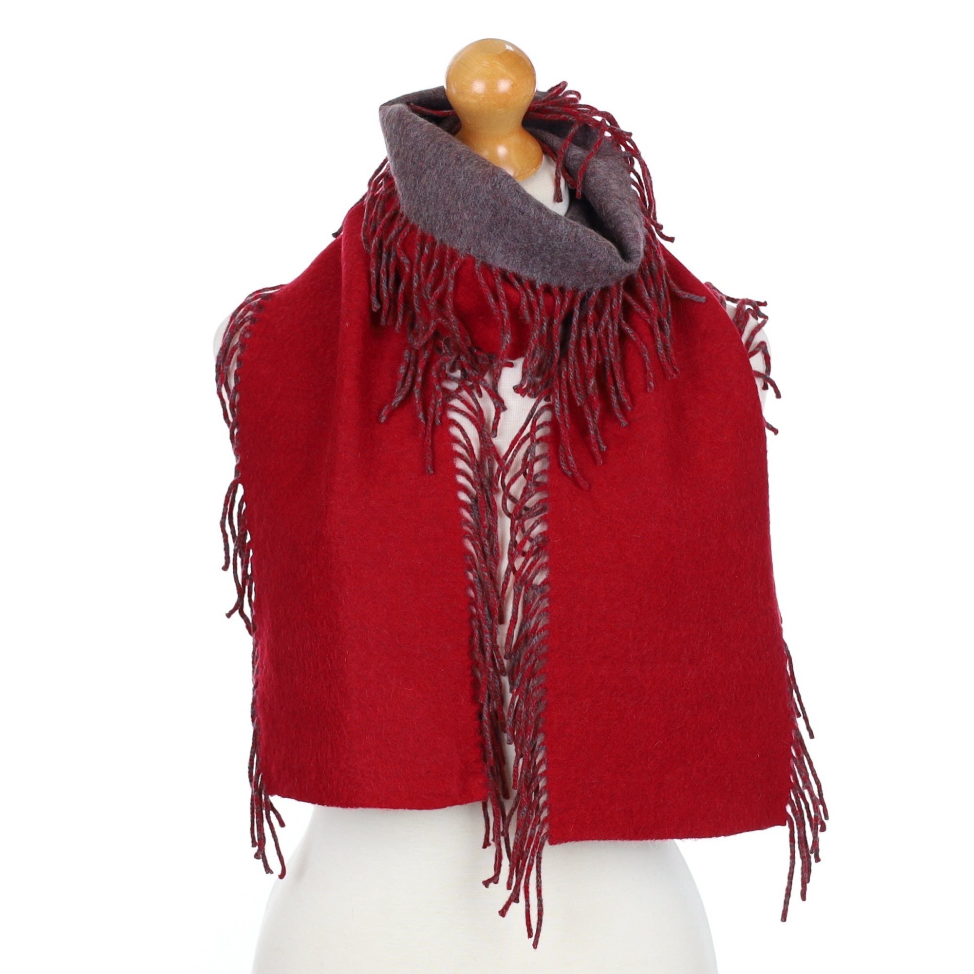 Crimson and Grey Tasseled Edge Cashmere Woven Scarf