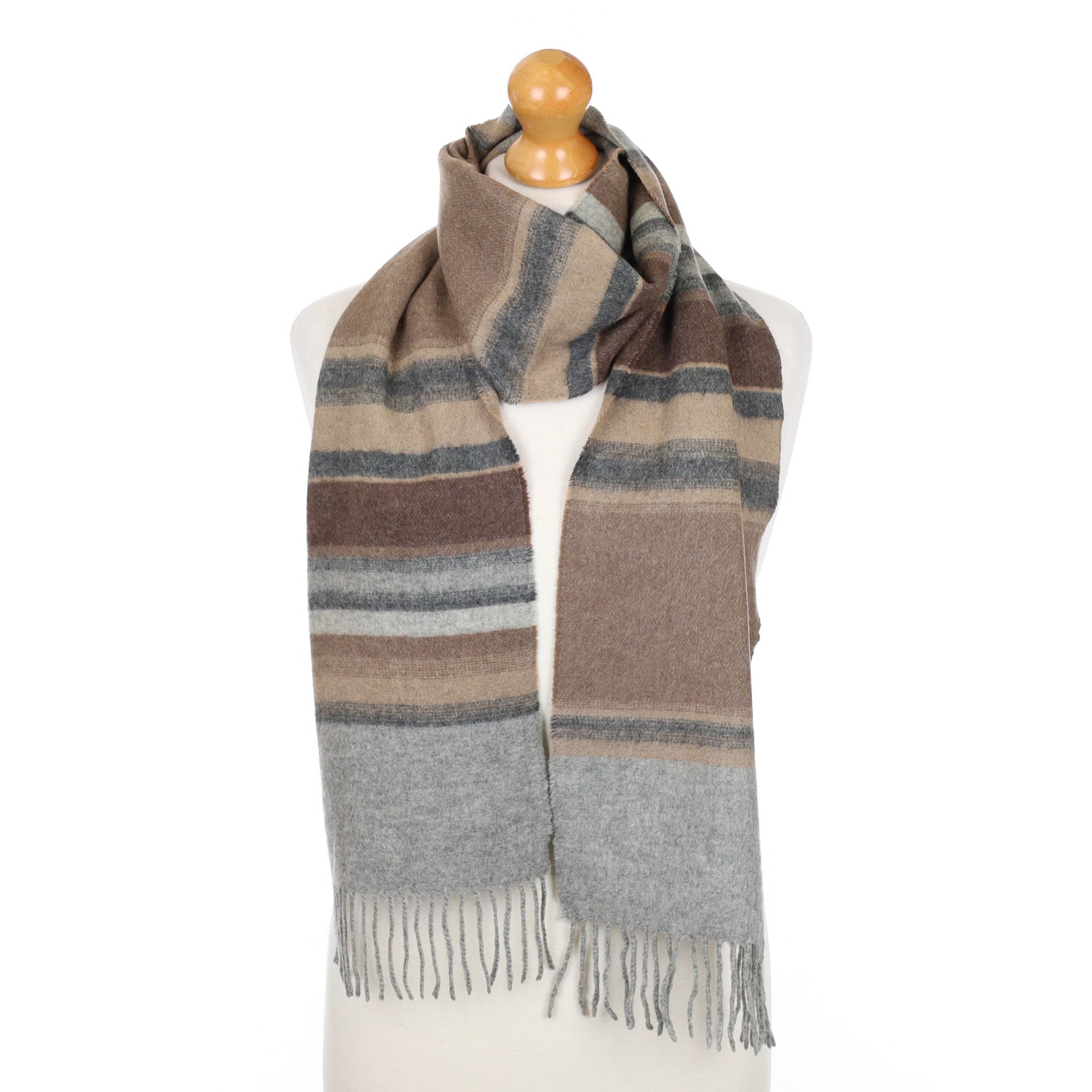 Grey and Brown Checked Fringed Cashmere Woven Scarf