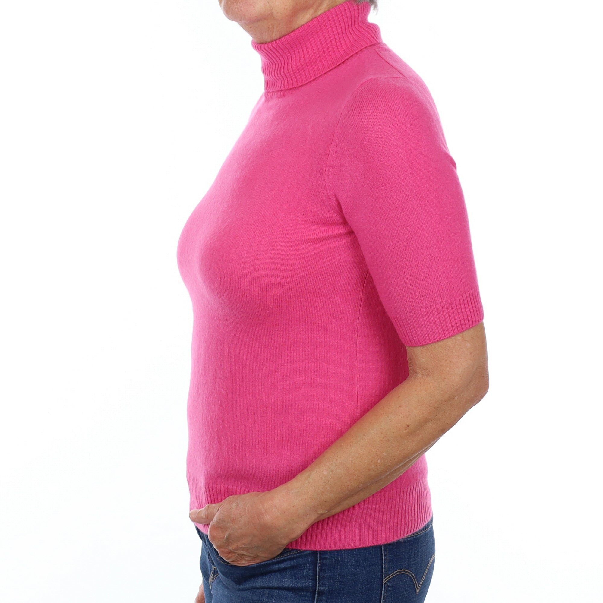 Fuchsia Pink Cashmere Polo Neck Short Sleeved Jumper Medium