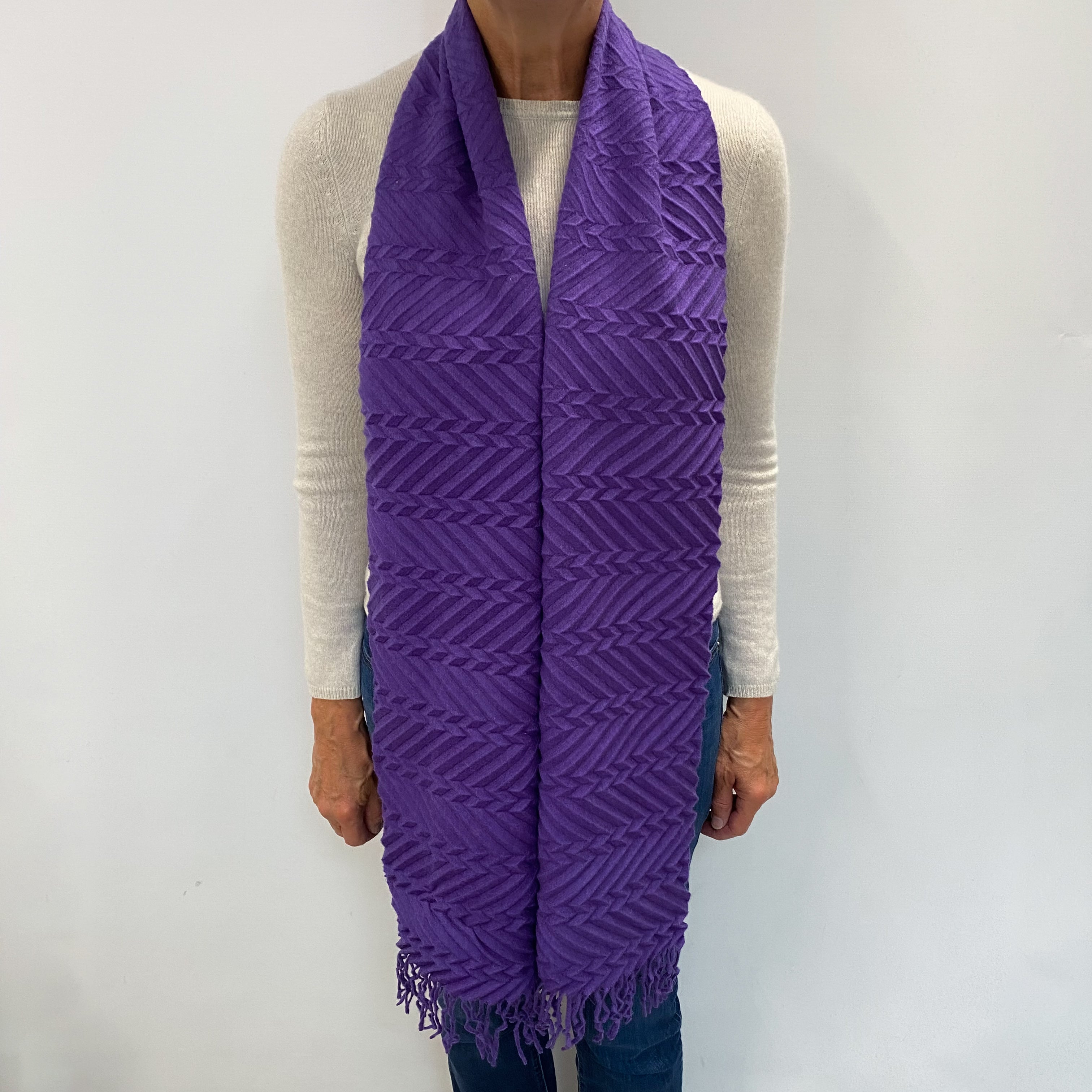 Pansy Purple Crimped Cashmere Woven Fringed Scarf