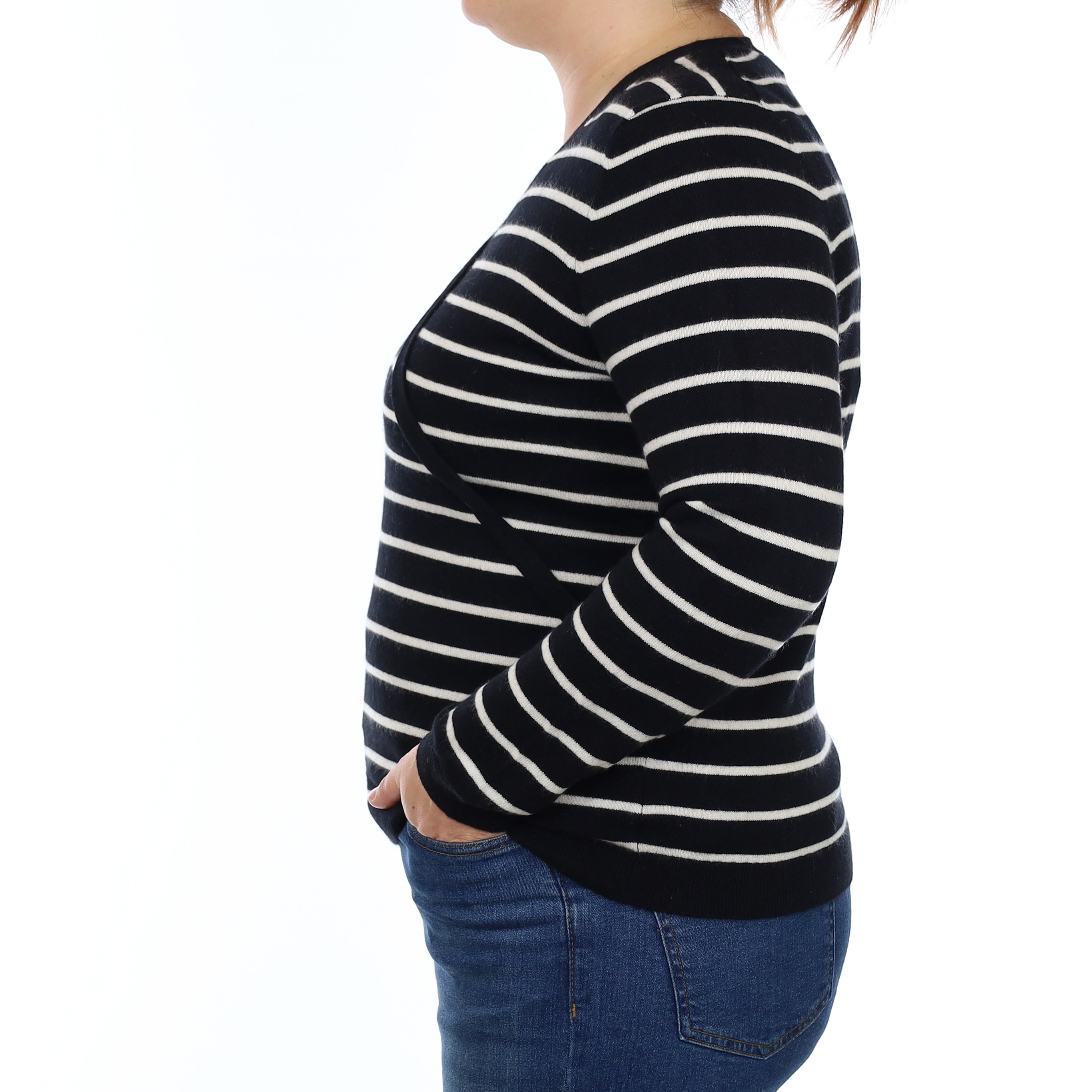 Black and Ivory Striped Cashmere V Neck Jumper Large