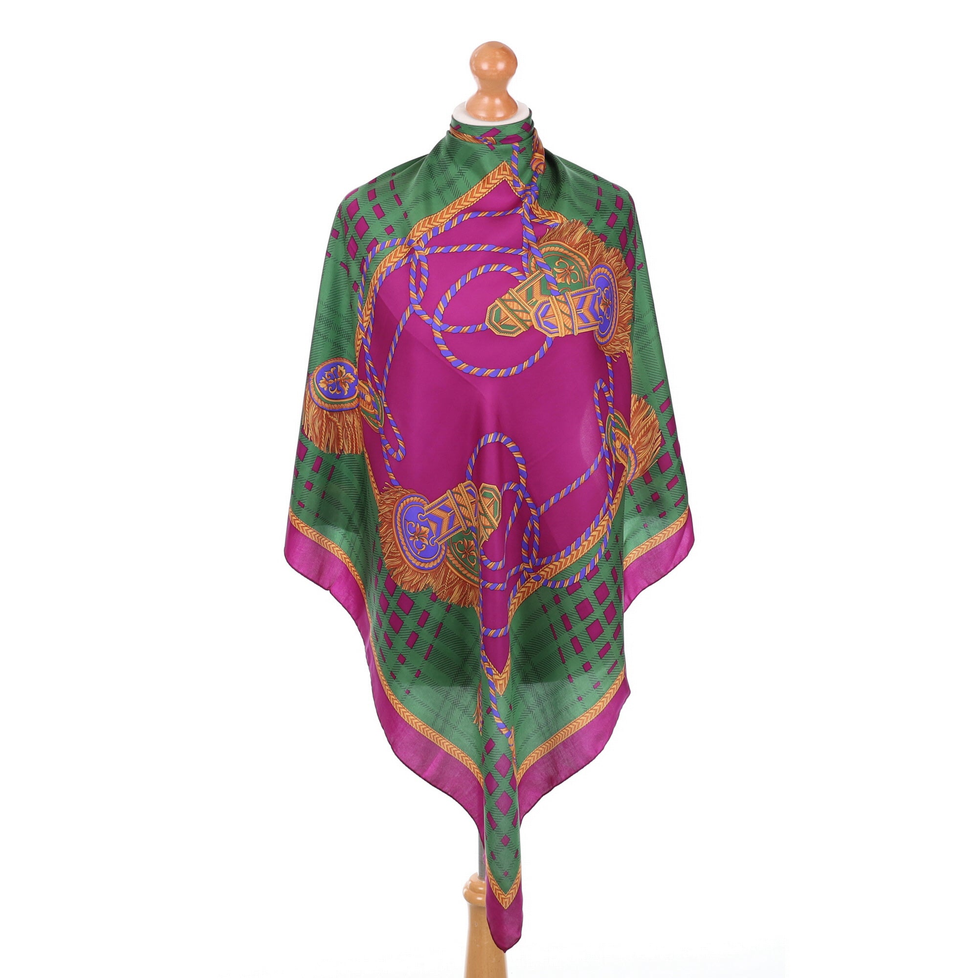 Pink and Green Tassle Design Silk Scarf
